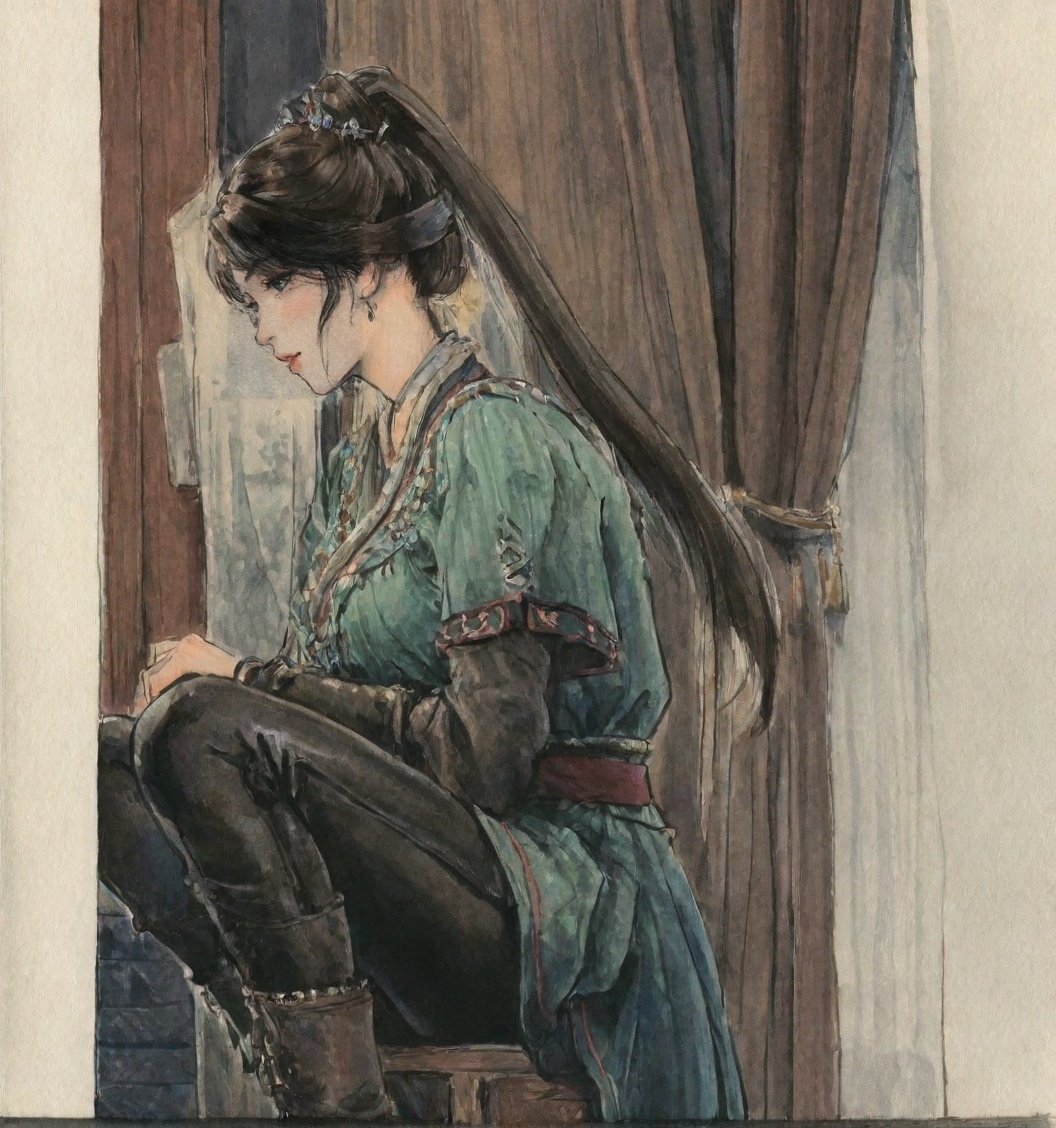 ((very awa)),solo,highly detailed,(best quality),((masterpiece)),1girl,chi,<lora:鸽正则nbXL:0.3>,ge,<lora:chi正则100nbXL:0.7>,traditional media,painting \(medium\),watercolor \(medium\),looking_at_viewer,large breasts,<lora:梅凝新nbXL:0.8>,meining,jewelry,earrings,hair ornament,ponytail,kawaii,bishoujo,boots,leather pants,