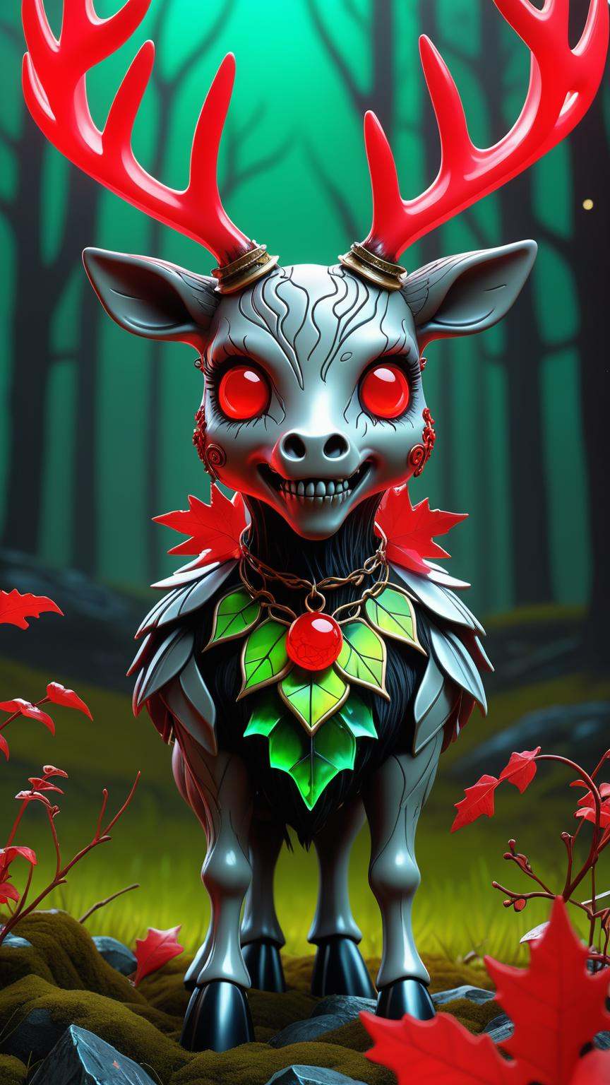zombie red reindeer, very cute, standing in a haunted meadow, spooky, highly detailed, up close, sickly green mossy fur, decayed leather collar, swamp witch's familiar, pale gray eyes, instant christmas, neon red reindeer, high quality fantasy art of a beautiful raging reindeer made of transparent glass, glowing within, delicate figurine, red nose, kawaii, chibi, adorable, flame eyes, ultra Realistic, Extreme Detailed, beautiful Prism light, neon light, Glass made ultra Detailed transparent raging red reindeer, ultra transparent, wearing glass made transparent luxury Armor, Hyper realistic art skull joker demon concept art portrait by Casey Weldon, Olga Kvasha, Miho Hirano, hyper detailed, intricately detailed, gothic, triadic colors Unreal Engine 5, detailed matte painting, deep color, fantastical, intricate detail, splash screen, complementary colors, fantasy concept art, 8k resolution, gothic DeviantArt masterpiece, Extremely high-resolution details, photographic, realism pushed to extreme, fine texture, incredibly lifelike