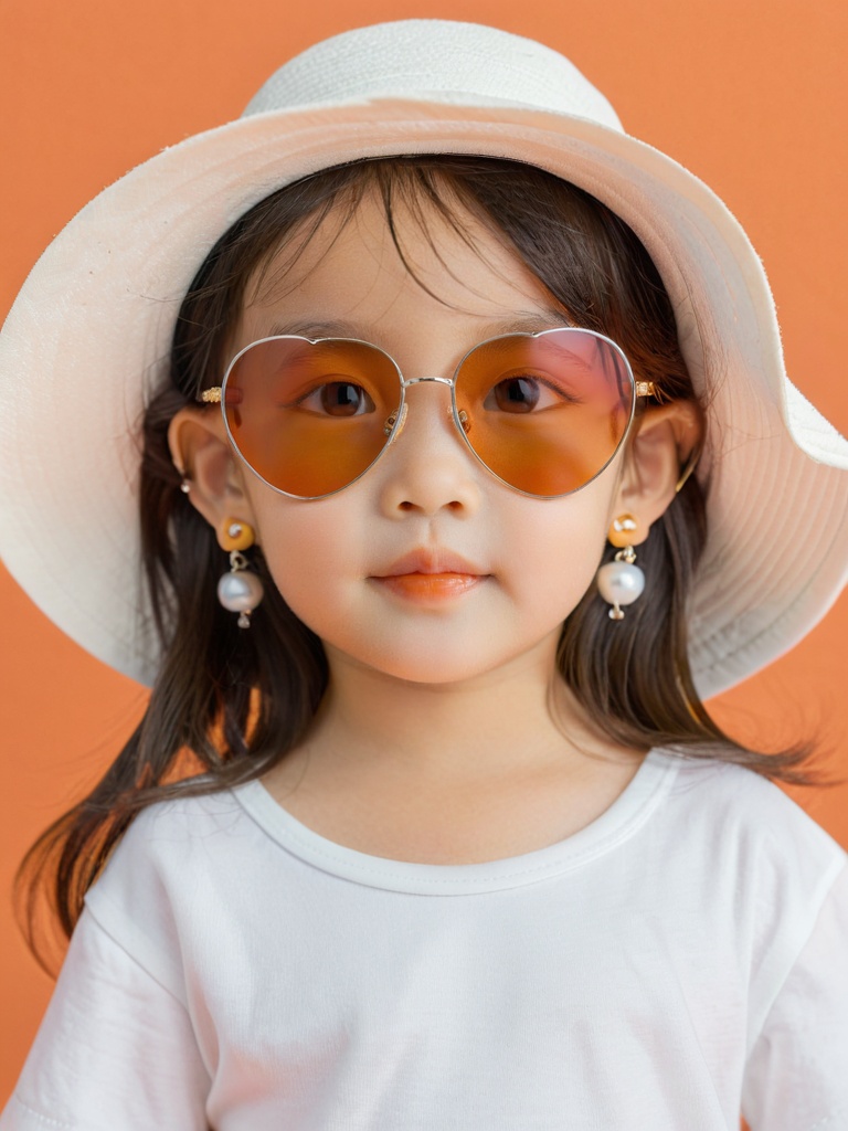 ertong,child,1girl,long hair,portrait,beauty,clear skin,natural light,orange background,white shirt,take a photo,high resolution,studio shot,clean background,soft focus,gentle colors,<lora:ertong_1-000008-Copy1:0.8>,wearing a sun hat,wearing sunglasses,earrings,