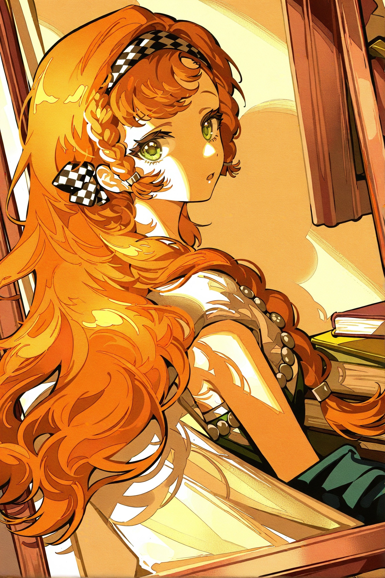 Reverse:1999,long hair,looking at viewer,orange hair,from side,green eyes,upper body,solo,parted lips,1girl,sidelighting,side braid,turning head,looking to the side,open mouth,braid,:o,book,dress,