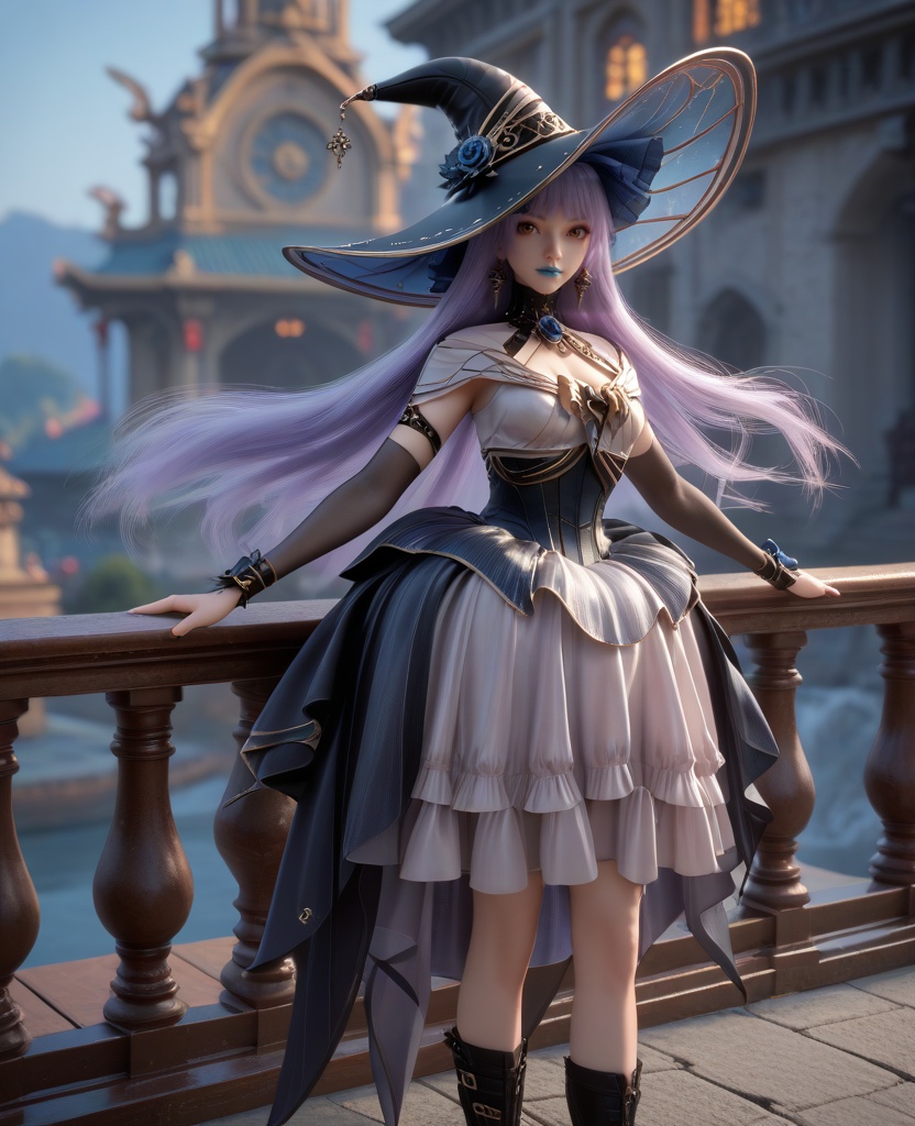 (oriental architecture, elegant decor, sophisticated style:1.1),(Leaning against a railing, gazing into the distance,:1.1),(breasts:1.2),<lora:XL16克金玩家白雪公主病:0.95>,witch,lavender gothic lolita dress with black peplum,orange eyes,lilac hair,very long hair,black witch hat,black opera gloves sleeves,blue lips,jewelry,faux blue rose embellishments,black boots,, score_9,score_8_up,score_7_up,score_6_up,score_5_up,score_4_up,3d rendering,tag1,tag2, Cinematic Lighting,backlighting,, zPDXL3, zPDXL2,zPDXL, zPDXLxxx, zPDXLrl,