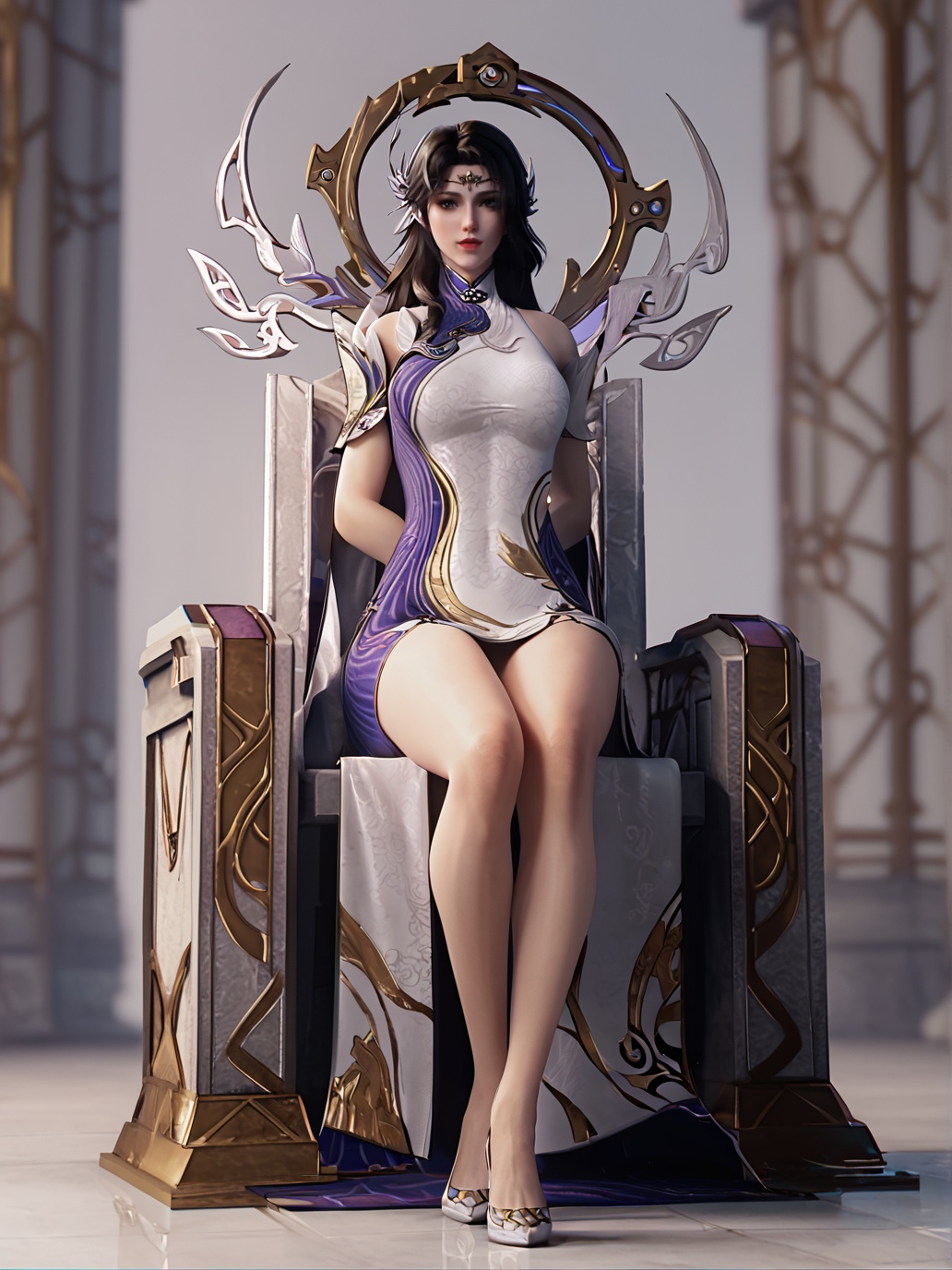 score_9,score_8_up,score_7_up,source_3d,rating_safe,<lora:xuanyi-000008:0.9>,xuanyi,1girl,solo,closed mouth,hair ornament,(forehead jewelry),china dress,white high heels,arms behind back,sitting on throne,looking at viewer,full body,(grey background),depth of field,blurry background,