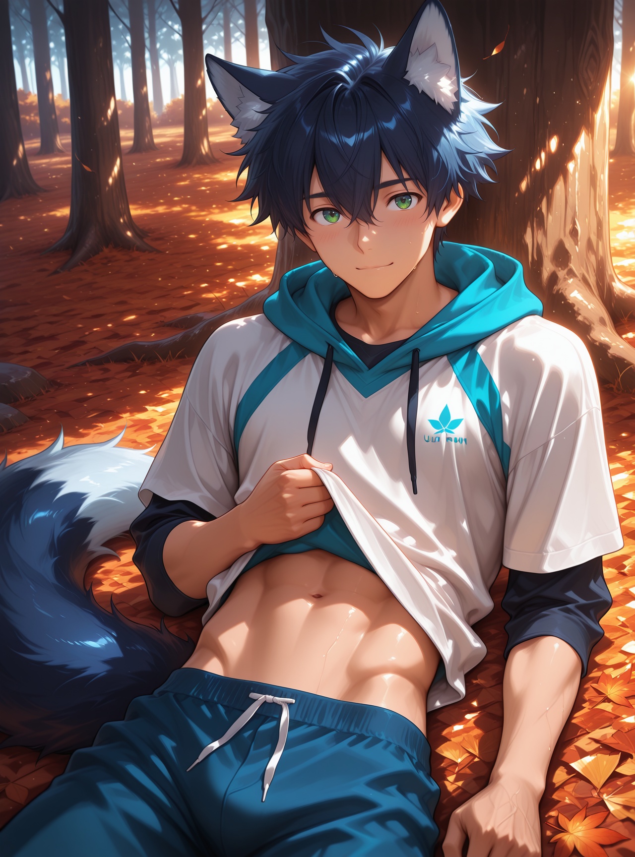 lying_in_autumn_leaves,  hoodie_open,  shirt_lifted by Furyon on Tensor.Art