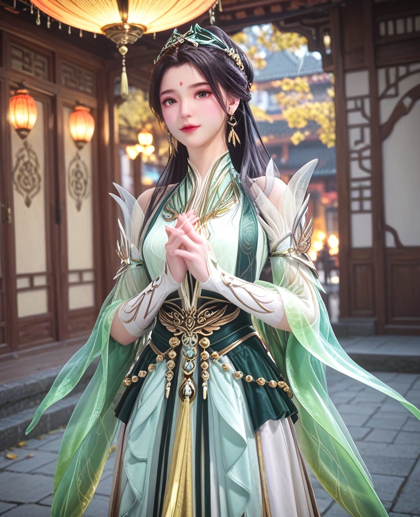 (oriental architecture, elegant decor, sophisticated style:1.1),(own hands together:1.1),(breasts:1.2),<lora:XL师兄啊龙吉公主:0.95>,princess longji,dress,forehead mark,black hair,hair bun,hair ornament,long hair,earrings,jewelry,black sash,see-through sleeves,detached sleeves,tassel,, score_9,score_8_up,score_7_up,score_6_up,score_5_up,score_4_up,3d rendering,tag1,tag2, Cinematic Lighting,backlighting,