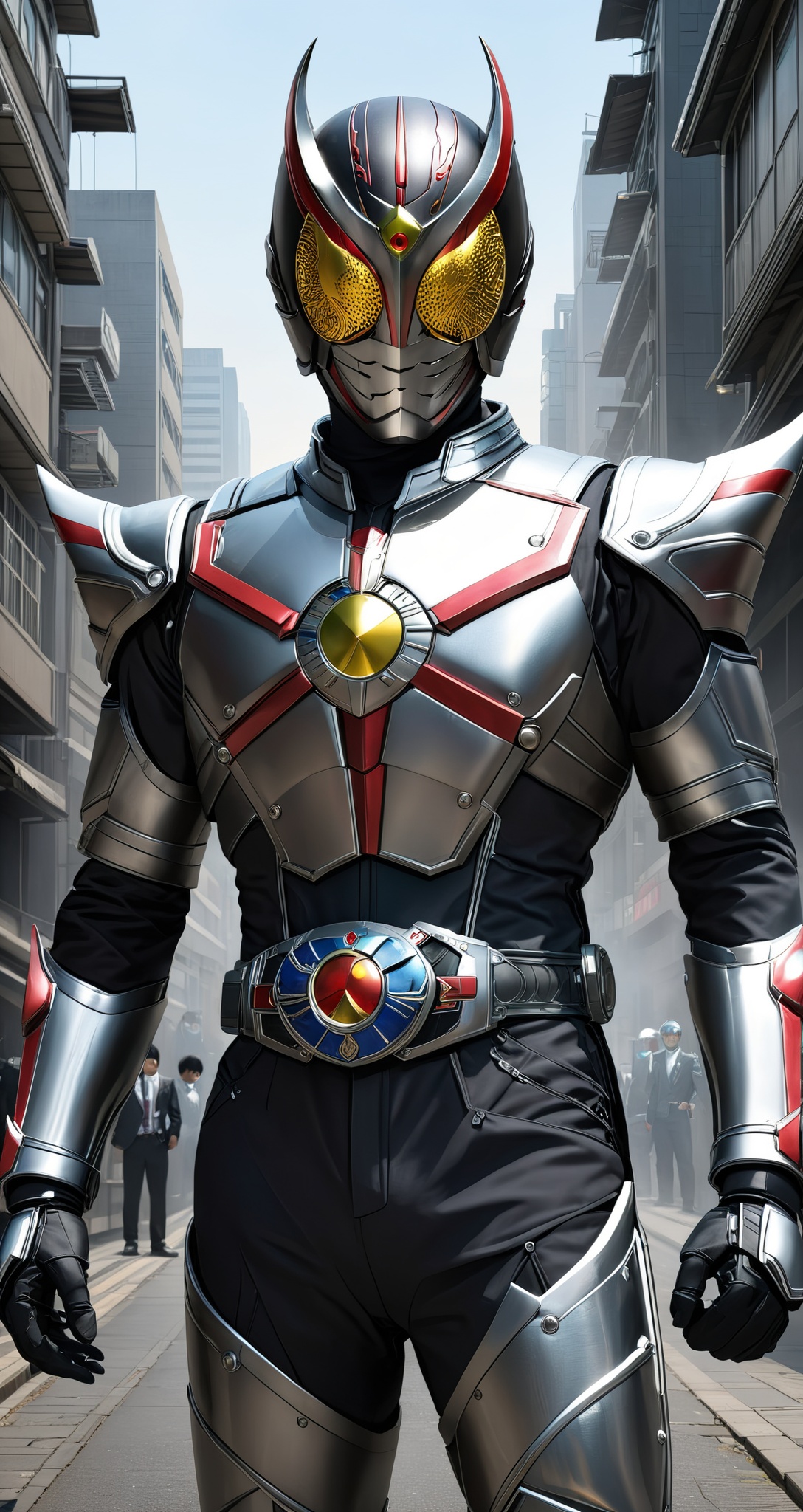 Kamen rider style,  the masquerade guardian of the will of steel,  wearing a steel suit and a mask of perseverance on Tens...