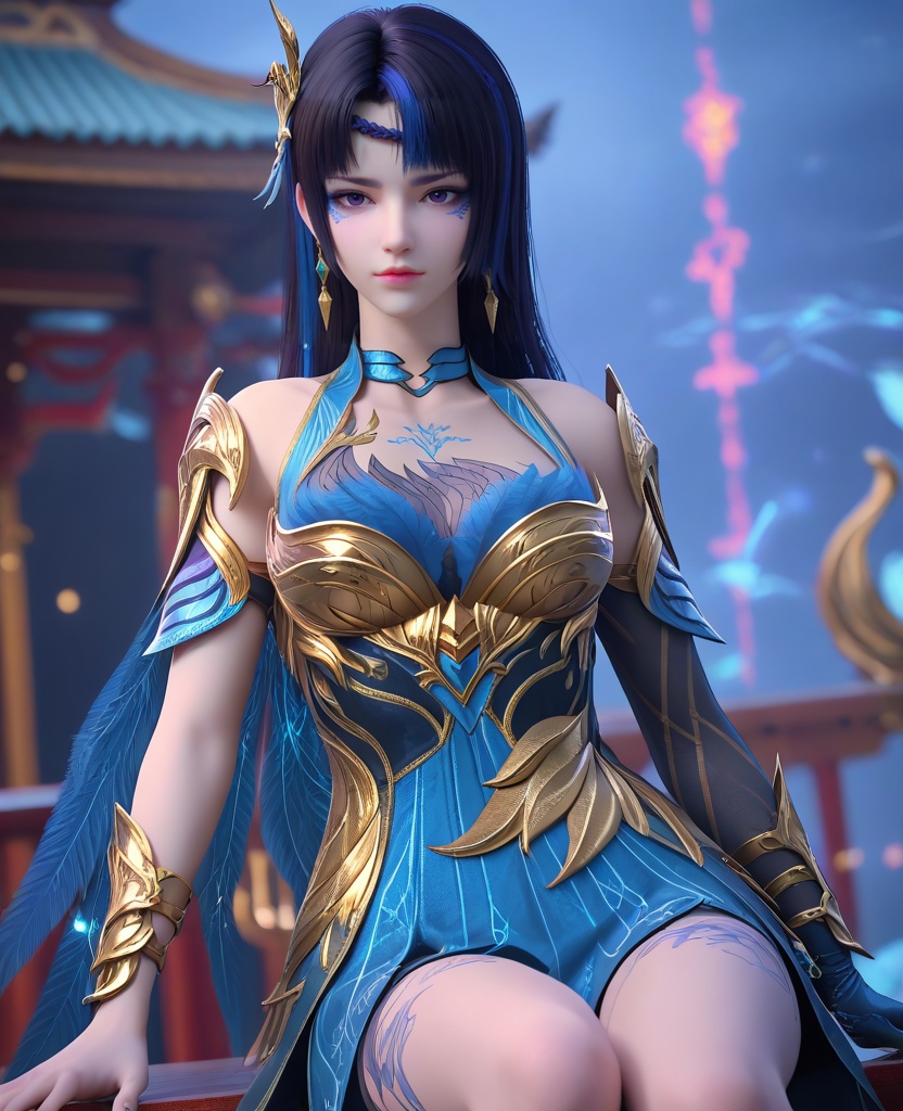 (oriental architecture, elegant decor, sophisticated style:1.1),Sitting on a bench, arms resting on the backrest,,(breasts:1.2),<lora:XL16大主宰九幽:0.95>,miss jiuyou,armor,boobplate,purple eyes,braid circlet,makeup,black hair,blue streaked hair,long hair,hair ornament,sternum tattoo,rerebrace,left hand single glove with blue,blue wings cape,blue lower leg decoration, blue overskirt, zPDXL2, score_9, score_8_up, score_7_up BREAK realistic, masterpiece,best quality, highly detailed,, zPDXL3, zPDXL2,zPDXL, zPDXLxxx, zPDXLrl,