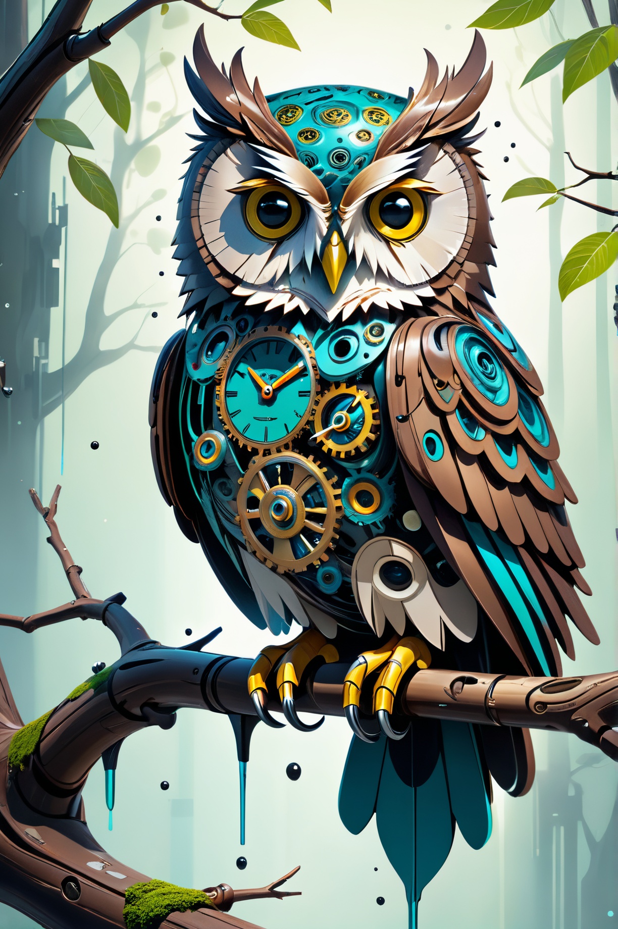 futuristic-biomechanical cyberpunk, ultradetailed owl **** out of clocks and gears in sitting on a tree branch, intricate and hyperdetailed fluid acryl and oil splash