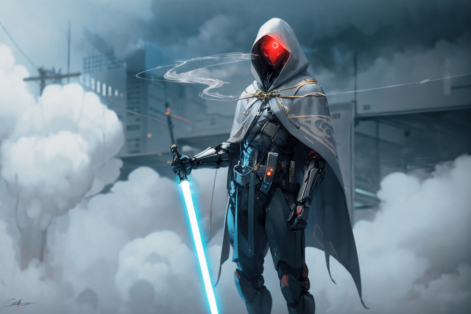 -science fiction, weapon, smoke, sword, solo, hood, cloak, energy sword, holding, robot, holding weapon, glowing, holding sword, hood up, no humans, lightsaber, signature, hooded cloak, 1boy,<lora:Apocalypse Aso_20240119162949:1>,Apocalypse Aso,