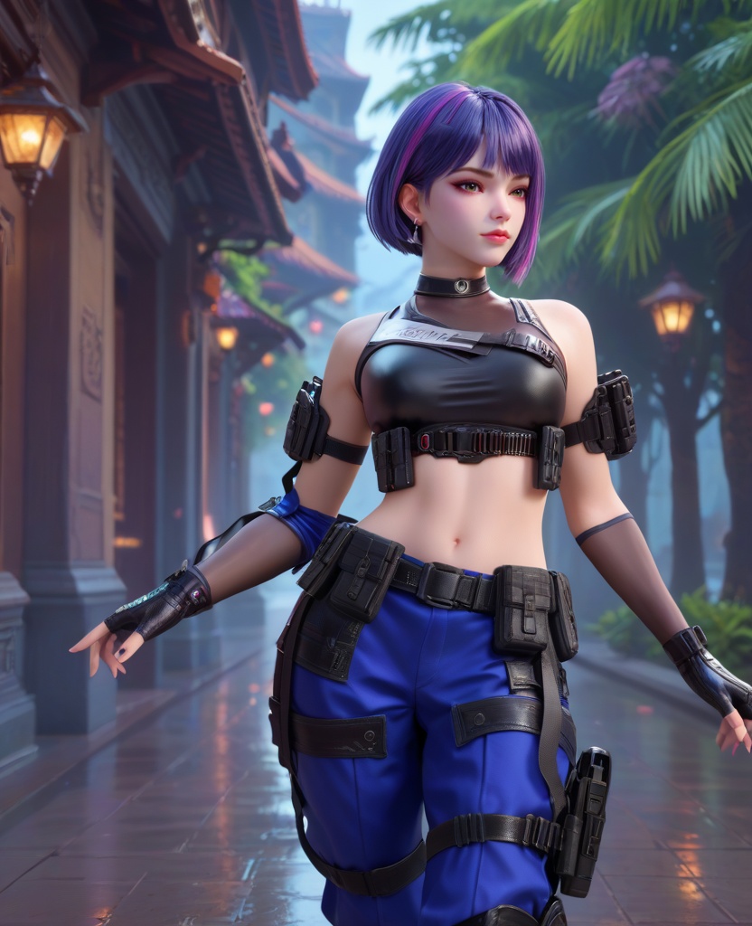 (oriental architecture, elegant decor, sophisticated style:1.1),(Leaning against a tree, looking thoughtful,:1.1),(breasts:1.2),<lora:XL16穿越火线雨墨保卫者:0.95>,miss yumo,black crop top,white one-shoulder combat sleeve,brown eyes,synthwave streaked hair,bob cut,purple hair,asymmetrical sleeves,black fingerless gloves,midriff,blue pants,belt,holstered,earrings,jewelry,black combat boots,, score_9,score_8_up,score_7_up,score_6_up,score_5_up,score_4_up,3d rendering,tag1,tag2, Cinematic Lighting,backlighting,, zPDXL3, zPDXL2,zPDXL, zPDXLxxx, zPDXLrl,