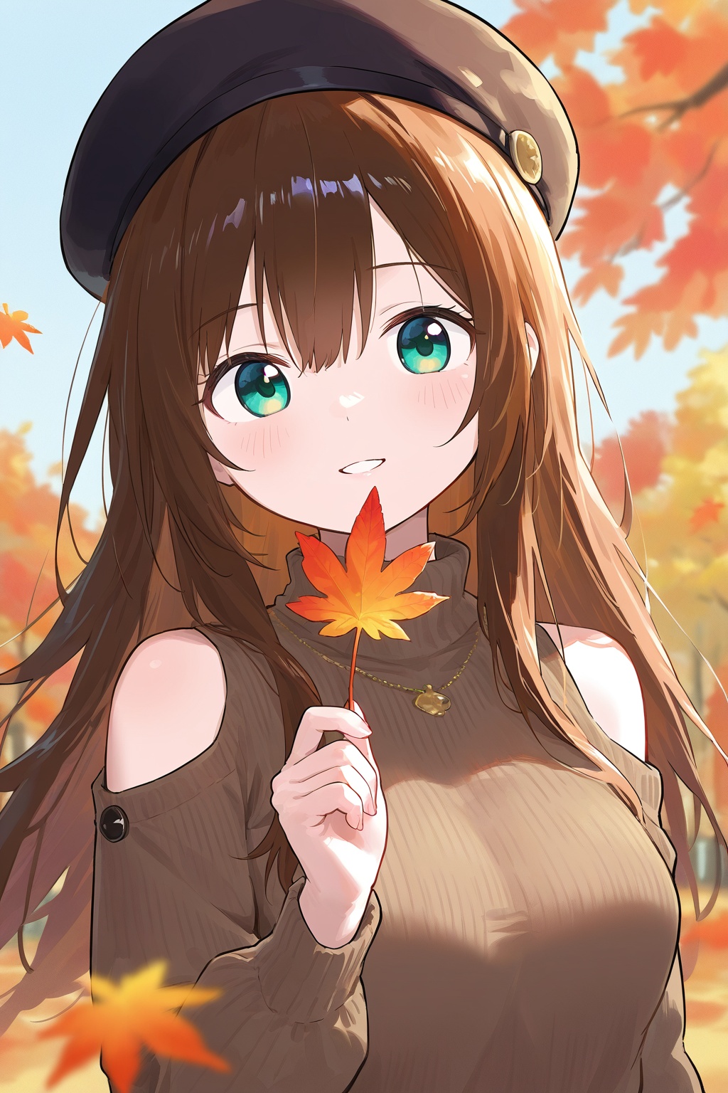 1girl, solo, holding, holding leaf, looking at viewer, green eyes, long hair, leaf, blush, brown hair, bangs, maple leaf, upper body, smile, autumn leaves, shoulder cutout, sweater, long sleeves, blurry, bare shoulders, brown sweater, breasts, ribbed sweater, parted lips, floating hair, beret, hat, hair between eyes, clothing cutout, autumn