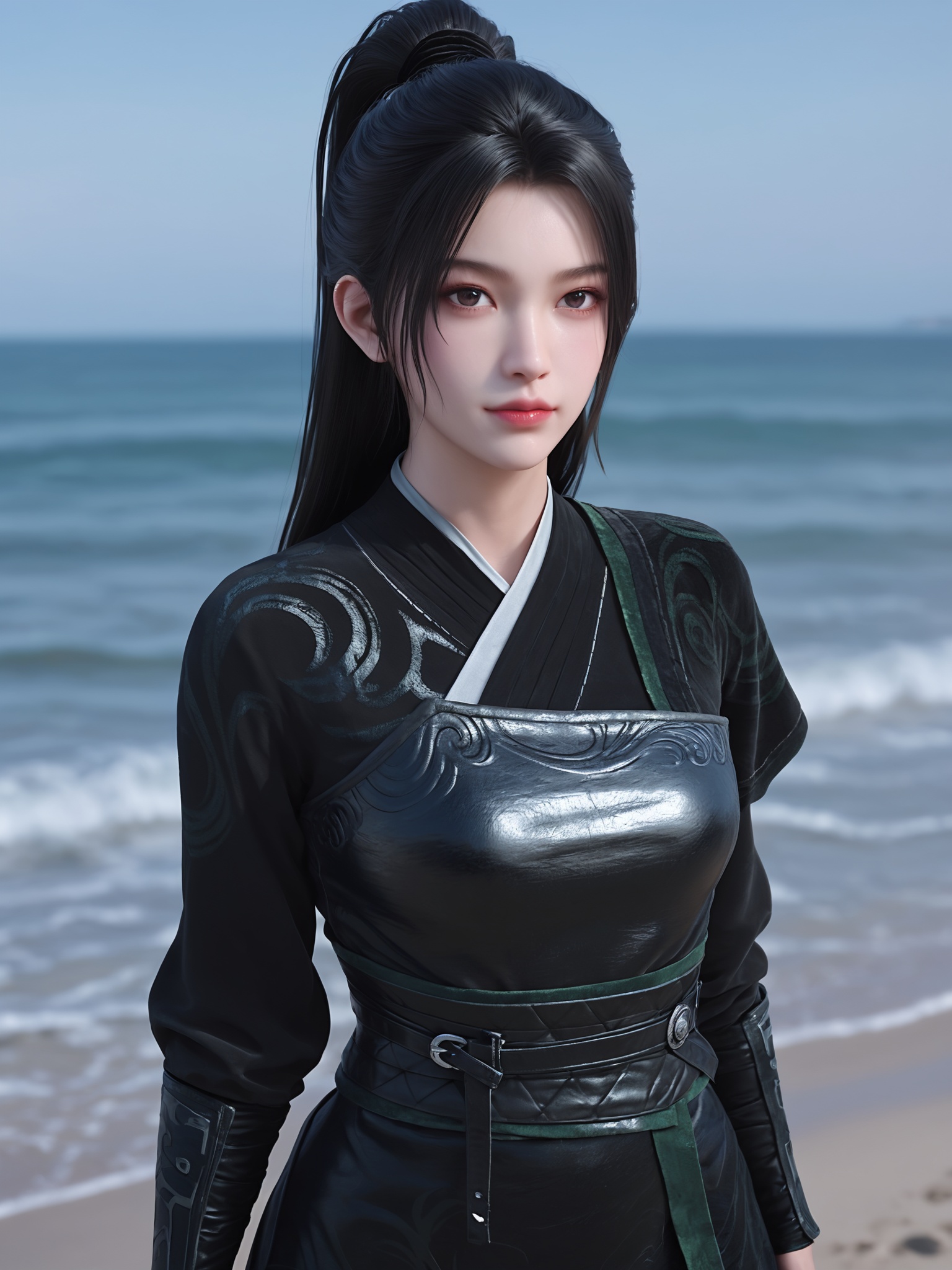 realistic style photo outstanding style,tall,cute,in her teens. Use soft lighting to cast gentle shadows on the subject,adding a touch of dimension to your images without compromising details,score_9,score_8_up,score_7_up,Seaside,beach,waves,<lora:剑来-宁姚黑衣Pony:0.65>,black hair in high ponytail adorned with a delicate hairpin,dark,form-fitting outfit,long sleeve,black tunic with intricate silver designs,black skirt with a high waist,