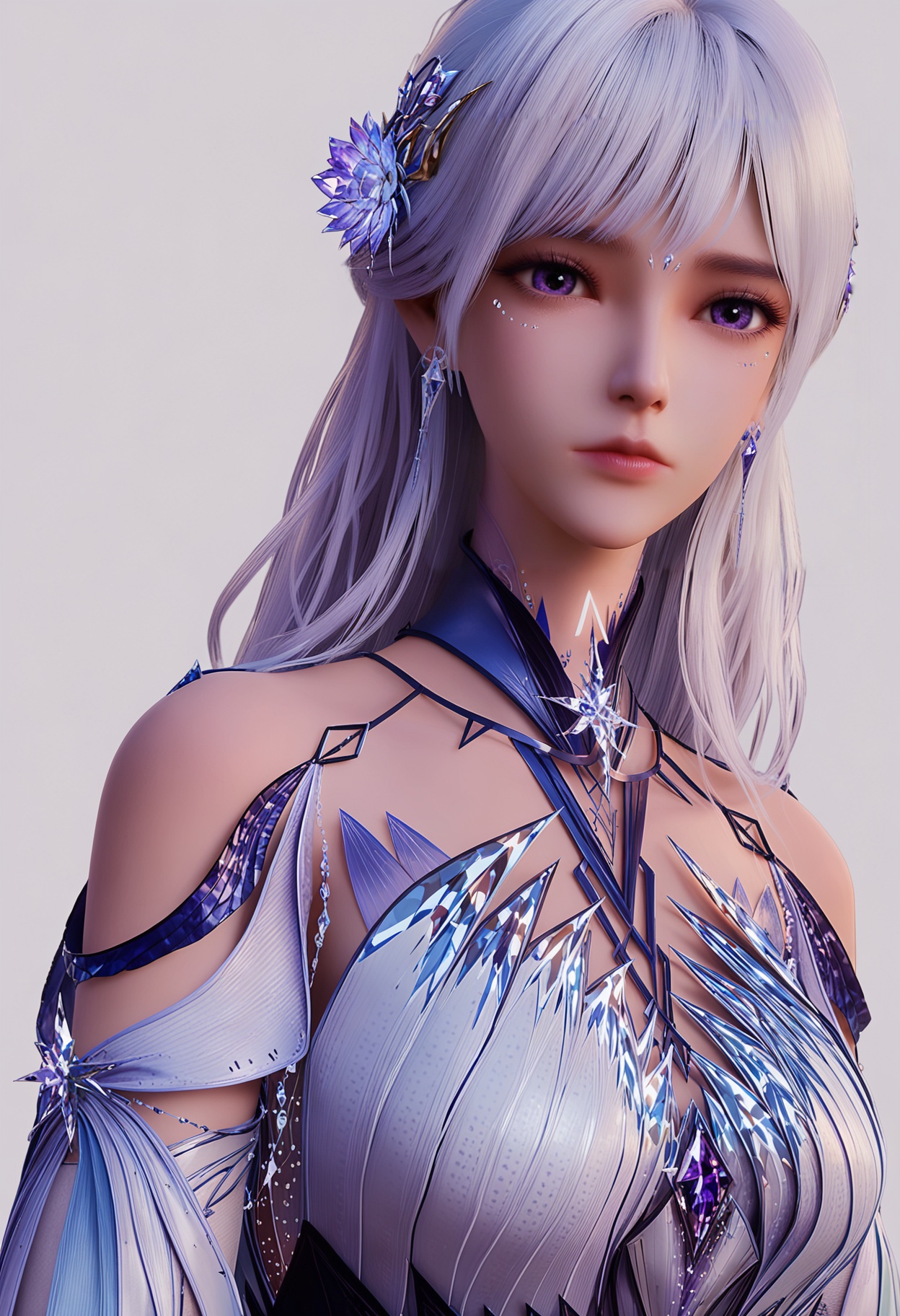 score_9,high detail,best quality,shiny skin,shiny,shengcaiersjcf,1girl,solo,purple eyes,white hair,long hair,white background,hair ornament,jewelry,earrings,realistic,simple background,closed mouth,dress,bare shoulders,hair flower,white dress,lips,breasts,looking at viewer,upper body,<lora:QQSponyshengcaiersjcfV1:0.8>,<lora:Pony_DetailV2.0:0.8>,<lora:皮肤凹痕:0.1>,