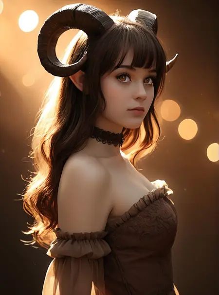 1girl, horns, solo, long hair, pointy ears, looking at viewer, brown hair, bare shoulders, , upper body, sheep horns, , light brown eyes, dress, choker, curled horns, straight hair, breasts,, detached sleeves, , brown dress, nose, from side, , , brown hair, , eyelashes, , see-through, hazel eyes, looking to the side, strapless dress, demon girl, light particles, brown background, bangs, , backlighting, gradient background, bokeh,
