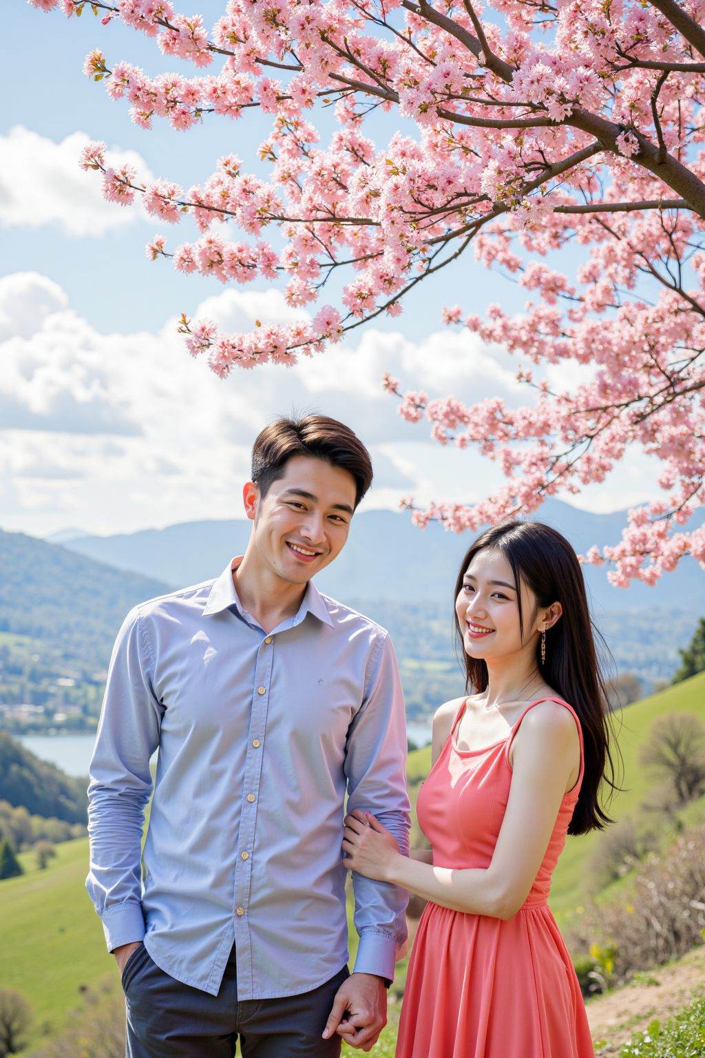 A young Asian couple stands beneath a blooming peach blossom tree, bathed in warm sunlight. The woman with long dark hair and fair skin, wears a light red knee-length dress. The man, with short, dark hair and a light complexion, dons a light blue shirt and dark pants. They both smile warmly, hands gently touching, exuding love and serenity. The background features a stunning landscape of green hills and a distant lake, with soft clouds dotting the blue sky. The scene is vibrant and picturesque, capturing the essence of springtime romance and tranquility.