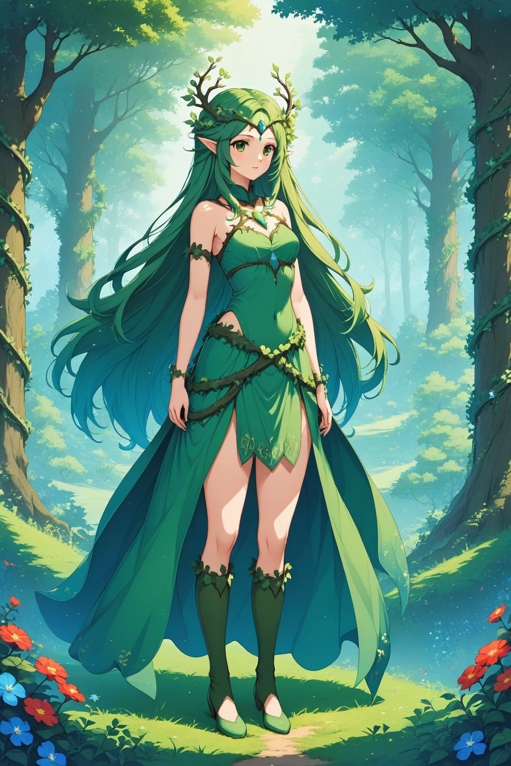 1girl, standing, dryad, nature, vines, verdant forest of magic