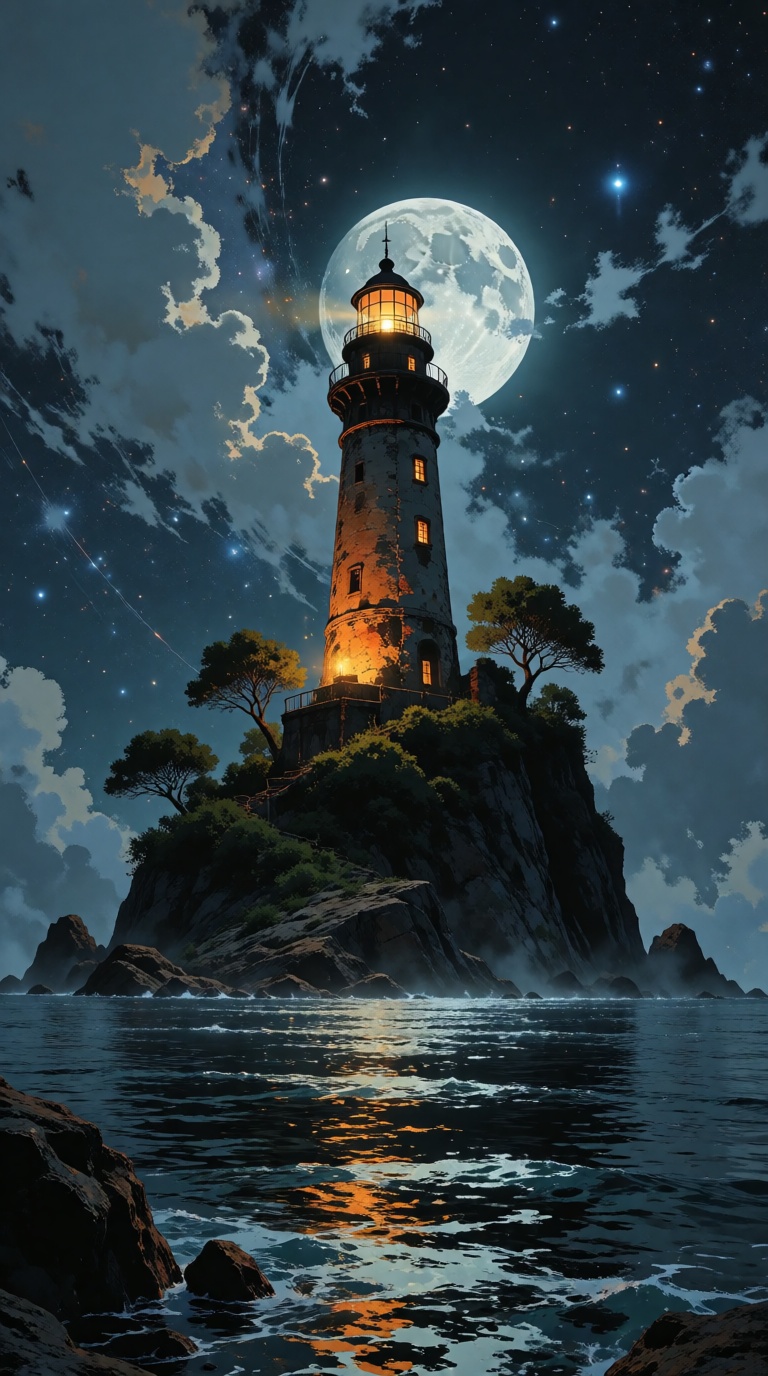 V1nt4geStyle,  A captivating night scene illustration featuring an ancient lighthouse standing tall on a rocky island. The...