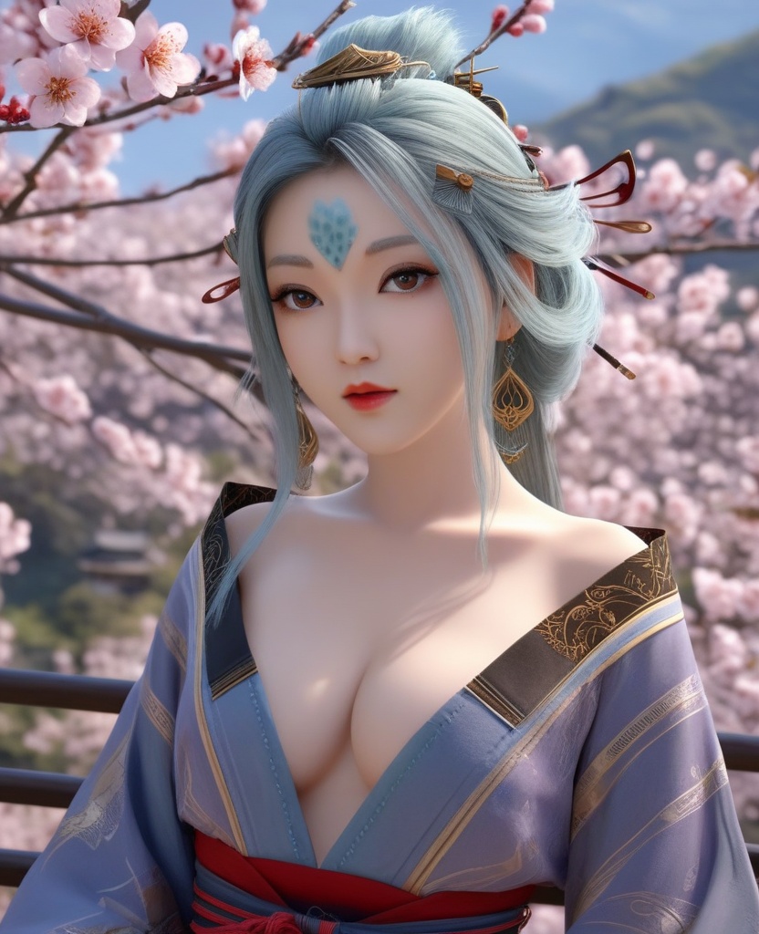 <lora:571-DA-XL-眷思量-奉眠:0.8>(,1girl, ,best quality, ),looking at viewer,  ,ultra detailed background,ultra detailed background,ultra realistic 8k cg,, ,masterpiece, (( , )),, ,   plum blossoms,    ,,  (cleavage), (), ,,