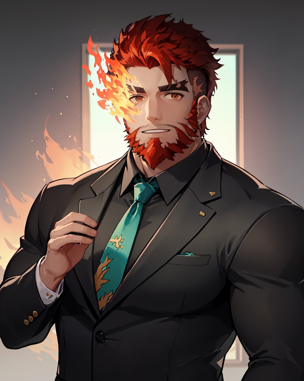 masterpiece,best quality, highly detailed, hephaestus (housamo),eyebrow cut, flaming eye, beard, mature male, formal, bara, muscular male, between pectorals, thick eyebrows, suit, upper body, solo, dark-skinned male, 1boy, large pectorals, scar, alternate costume, looking at viewer, black shirt, green necktie,<lora:hephaestus_(housamo):1>