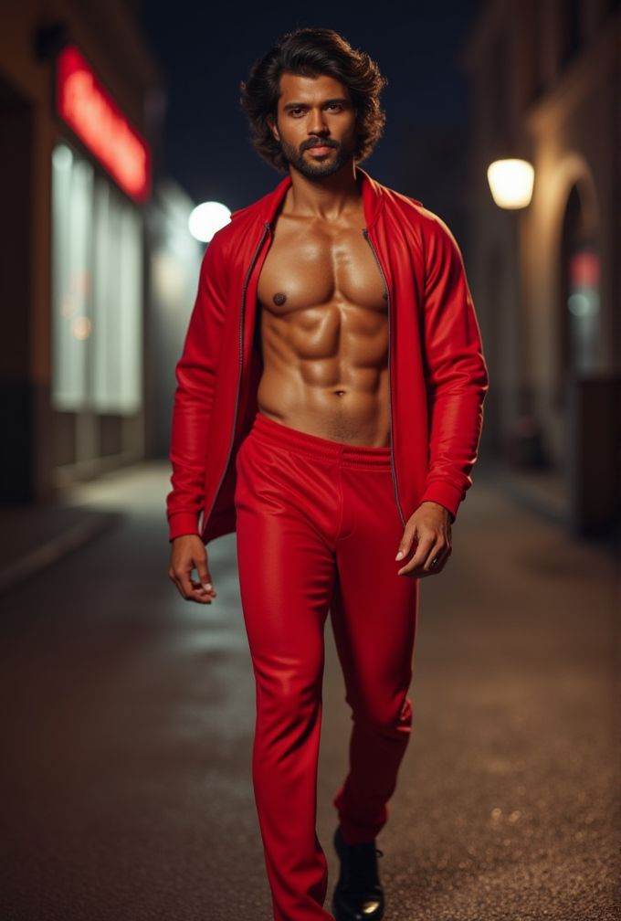 Vijay Devarakonda ,  realistic photo in a worn ((skin-revealing skimpy erotic red tracksuit,  massive pecs)) on Tensor.Art