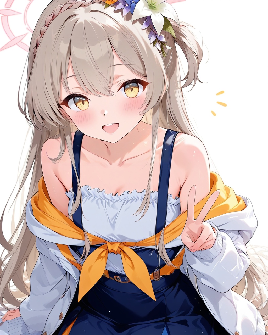 O,nagisa (blue archive),nagisa (blue archive),1girl, solo, flower, halo, hair ornament, long hair, hair flower, yellow eyes, skirt, jacket, white background, v, looking at viewer, hood, sitting, hoodie, suspenders, simple background, suspender skirt, bangs, smile, open clothes, long sleeves, blue skirt, open mouth, open jacket, hood down, very long hair, hair between eyes, blush, braid, off shoulder, high-waist skirt, drawstring, collarbone, sleeves past wrists, white shirt, white flower,(UHD),anatomically correct,accurate,textured skin,super detail,high details,award winning,best quality,high quality,retina,HD,16k,1080P,