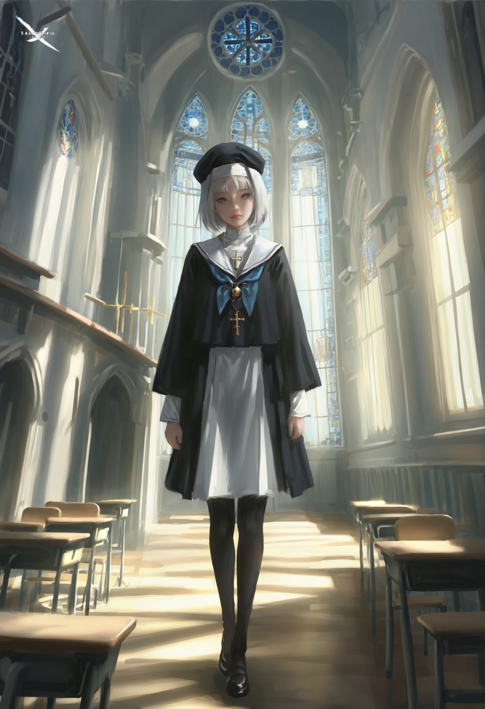 masterpiece, best quality,1girl,   realistic, solo, black pantyhose, multicolored hair, nun, sky, blue theme, window, indoors, scenery, blue sky, classroom, window shade, short hair, school uniform, habit, two-tone hair, cross, white hair, serafuku, stained glass, day, looking at viewer, wide sleeves, standing, blue headwear, blue hair, expressionless, arms at sides, pantyhose <lora:wlopXLlokr4f-000187:0.95>