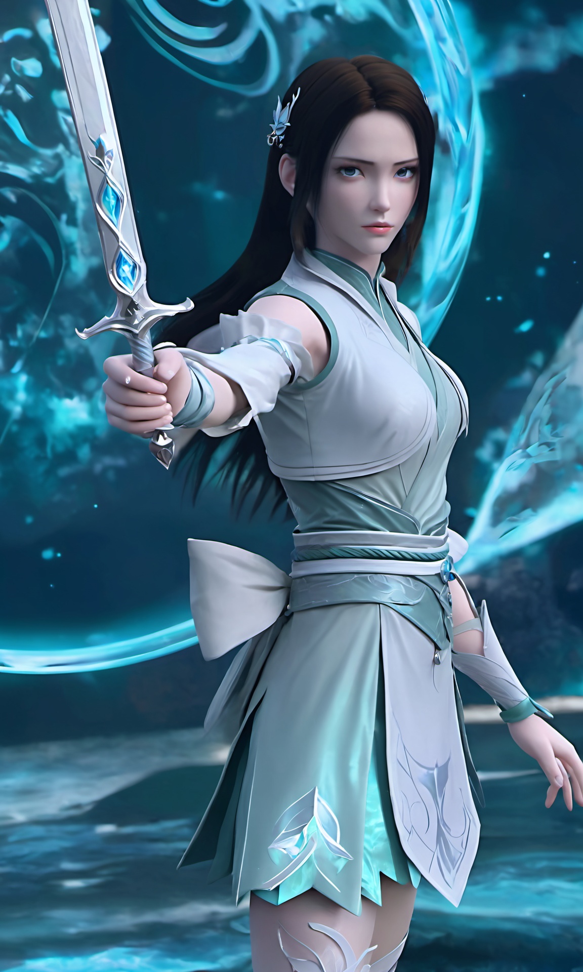 Nora,front view of Nora with long black hair and silver hair accessories wearing cyan Hanfu,(cyan round  array in the background:1.2),(cyan magic array:1.2),<lora:DPCQ-new Nora>,full body,(black eyes:1.3),