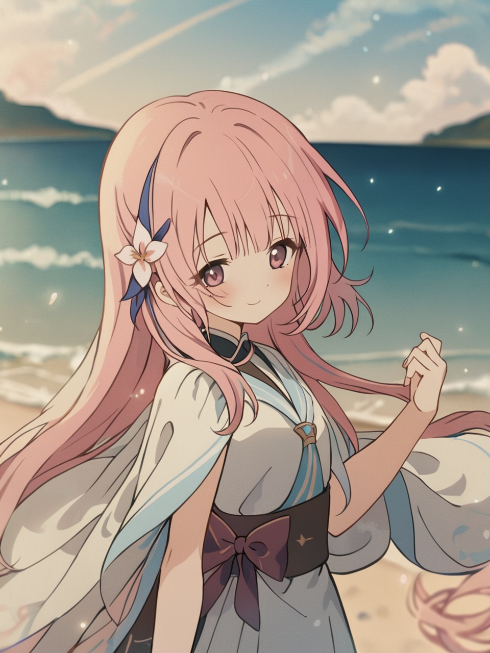 masterpiece,best quality,extremely detailed CG unity 8k wallpaper,Depth of field,cinematic lighting,backlighting,cel shading,anime screencap,long hair,beautiful detailed eyes,1girl,finely detail,(upper body:1.2),pink hair,(blue streaked hair:1.25),blue sky with cloud,sea,(flower near sea:1.5),art by princess connect!,original,seductive smile,random pose,solo,looking at viewer,ribbon,standing on beach,near water,blush,blunt bangs,blue water,<lora:GI.inazuma-fp8-lokr>,