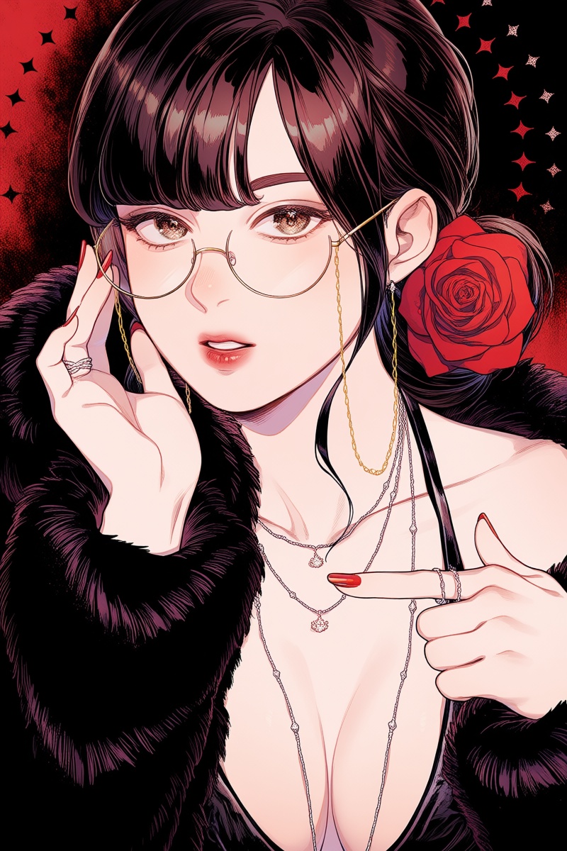 @tbst,  The image depicts a young woman with fair skin and dark brown hair styled in a side part with bangs. She wears rou...