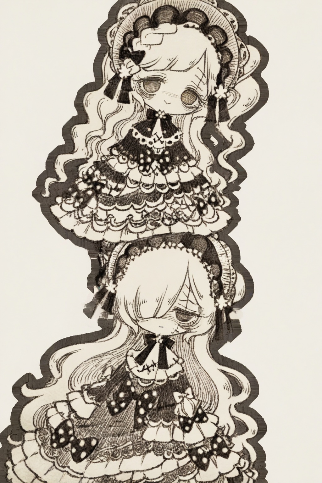 long hairlooking at viewersmilemultiple girlslong sleeveshair ornamentdressholdingbowclosed mouth2girlsmonochromebraidweaponhair bowfrillspuffy sleevesswordhair over one eyechibifrilled dresseyepatchpolka dotmusical noteone eye coveredlolita fashionbonnet<lora:mnsp Texture2D:1>,