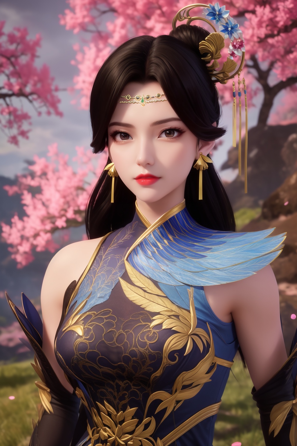 photo_\(medium\),(8k, RAW photo, best_quality),(masterpiece:1.2),(realistic:1.2),(photorealistic:1.3),(ultra-detailed),(extremely_detailed_cg_8k_wallpaper),(crystal_texture_skin:1.3),(shiny:1.2),(shiny_skin:1.4),(extremely_delicate_and_beautiful),petals,flower,sky,cherry blossoms,falling petals,fair skin,landscape,full_shot,shenfengLiuFei,1girl,solo,dress,chinese clothes,armor,standing,hair bun,torogao,breasts,jewelry,hair ornament,earring,red lips,realistic,looking at viewer,<lora:shenfengLiuFei_20240804212056-000003:0.7>,