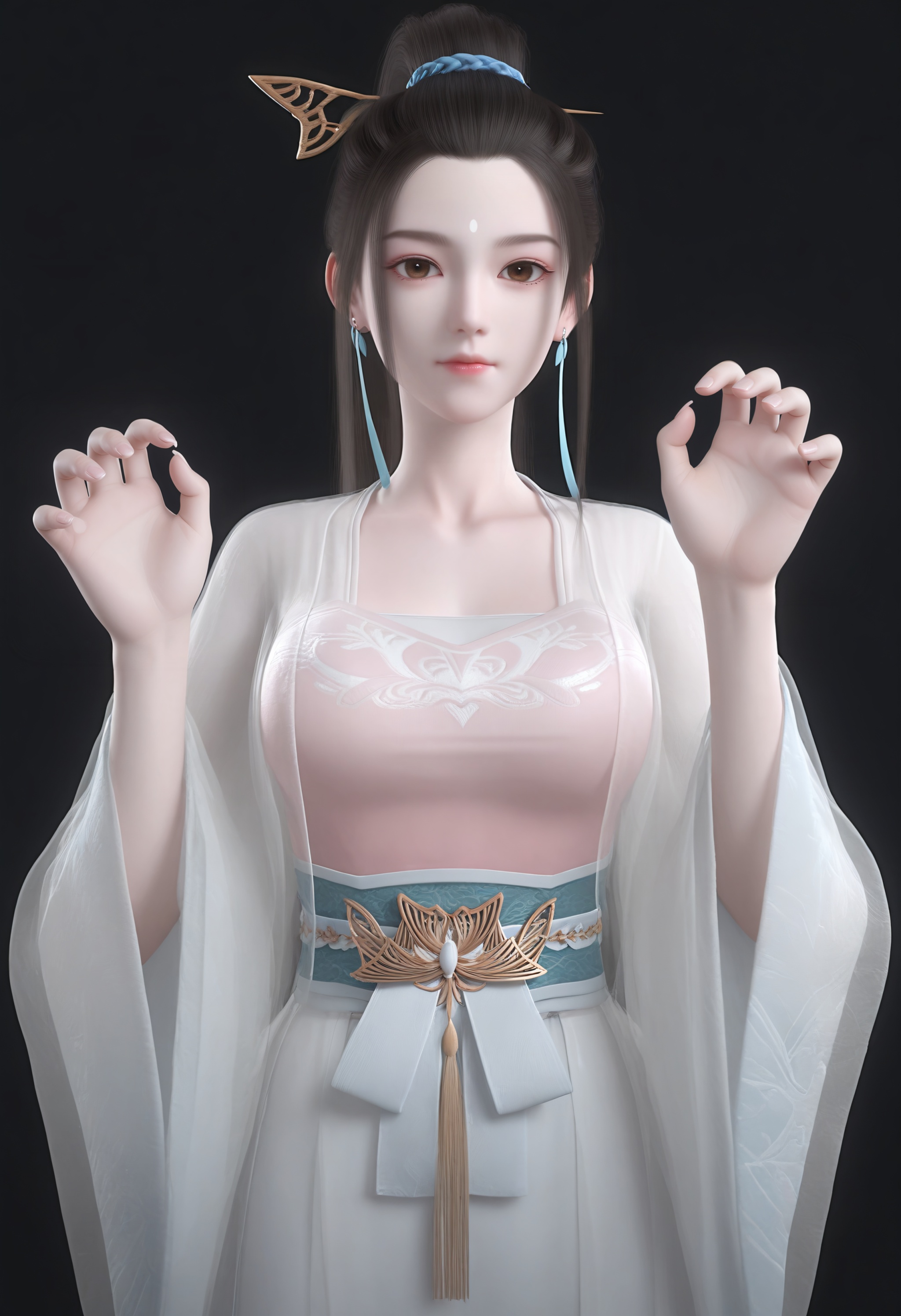 (score_9),light blush,body blush,<lora:应月茹-Apony:0.83>,yyr,1girl,solo,black hair,long hair,hair ornament,hair stick,hanfu,tassel earrings,ponytail,forehead mark,see-through,brown eyes,wide sleeves,belt,sash,glamor,skinny,collarbone,large breasts,see-through cleavage,see-through silhouette,see-through,looking at viewer,front view,claw_pose,black background,OverallDetail,(white_skin),(Ivory_skin),<lora:perfect-eyes:0.8>,<lora:e色温:0.5>,<lora:Expressive_H:0.8>,<lora:e肤色滑块:0.5>,