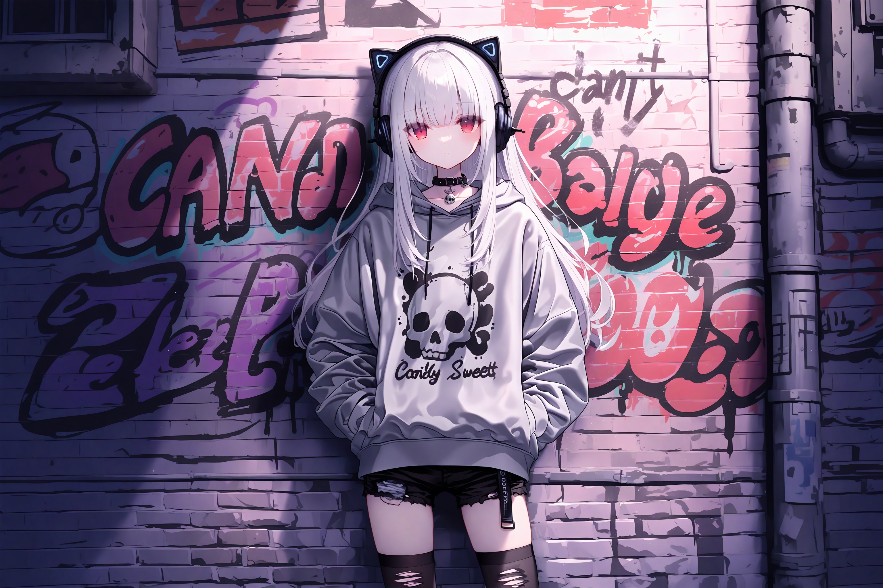 1girl, graffiti, solo, grey hoodie, long hair, red eyes, hood, torn clothes, looking at viewer, hoodie, thighhighs, hands in pockets, shorts, headphones, torn thighhighs, white hair, choker, black choker, black shorts, hood down, black thighhighs, short shorts, closed mouth, standing, long sleeves, cowboy shot, outdoors, torn shorts, sidelocks, animal ears, torn pants, drawstring, denim, skull print, against wall, expressionless, denim shorts, collar, brick wall, collarbone, english text, hair between eyes, straight-on, cutoffs, print hoodie, clothes writing, animal ear headphones, smile, albino, hooded sweater, alley, black collar, day, grey hair, fake animal ears, virtual youtuber, blunt bangs<lora:lp37-000040:0.9>