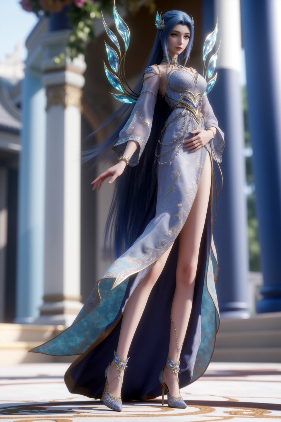 score_9,score_8_up,score_7_up,score_3D,score_blender,1girl,solo,chinese,hair ornament,jewelry,necklace,detached collar,detached sleeves,blue long gauze dress,exquisitely decorated high heels with gem - encrusted chains,blue crystal wings,standing,beautiful gesture,looking at viewer,blurry background,depth of field,full body,from below,<lora:眼部细节增强【Pony】:0.6>,<lora:TangWuTongpony-000008:0.9>,twt BREAK