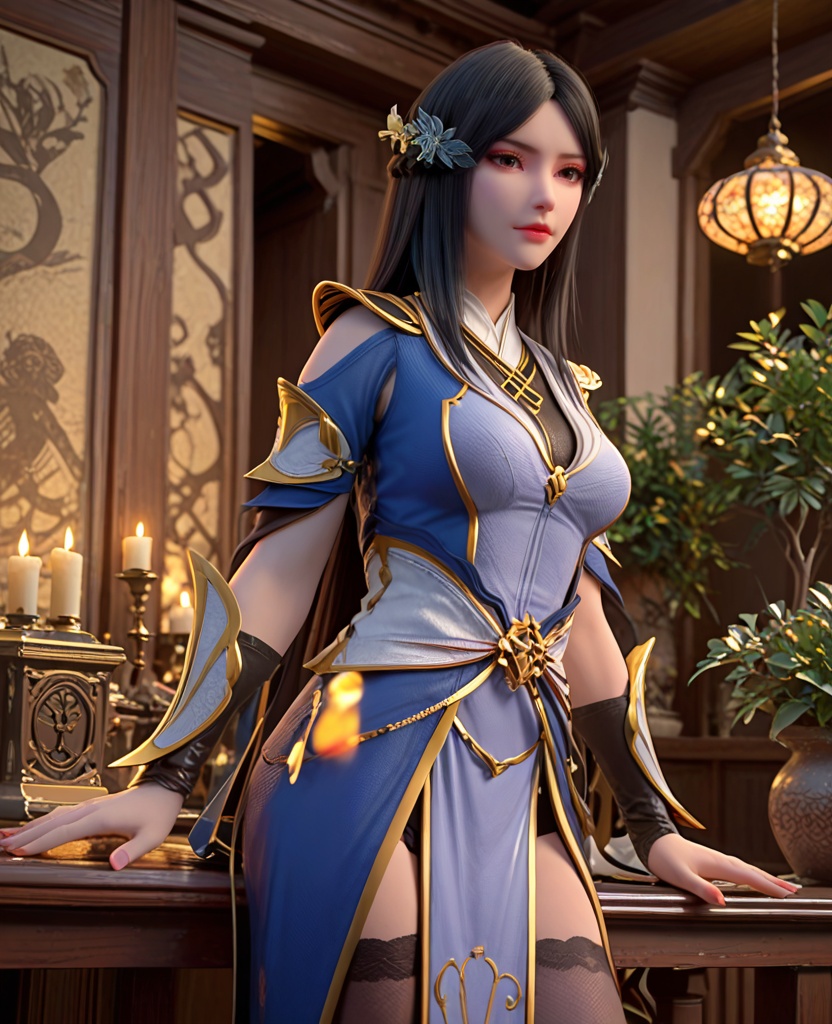 (oriental architecture, elegant decor, sophisticated style:1.1),(Bending down to tie shoelaces, while a friend or loved one playfully pulls the other lace,:1.1),looking at viewer,(breasts:1.2),<lora:XL斗破苍穹柳菲:0.95>,miss liufei,blue dress,black hair,long hair,hair ornament,hanging hair,parted bangs,brown eyes,makeup,leather sash,lips,wrist cuffs,pelvic curtain,black thighhighs,, score_9,score_8_up,score_7_up,score_6_up,score_5_up,score_4_up,3d rendering,tag1,tag2, Cinematic Lighting,backlighting,, zPDXL3, zPDXL2,zPDXL, zPDXLxxx, zPDXLrl,