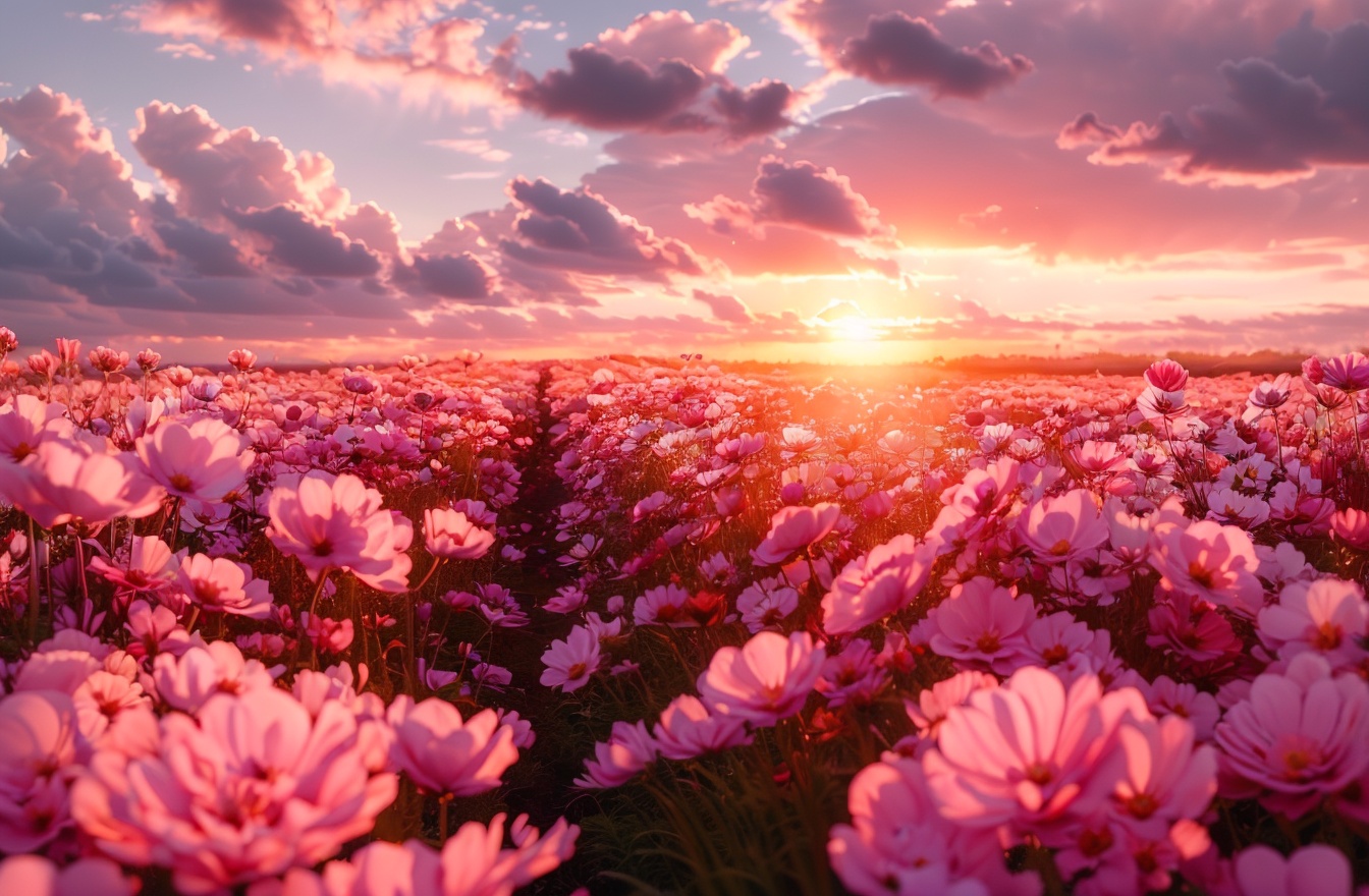 Flower sea,masterpiece,charming visual effects,dreamy world,depth of field,still life,Realistic,flower,outdoors,sky,cloud,no humans,ocean,sunlight,cloudy sky,scenery,sunset,sun,horizon,field,flower field,