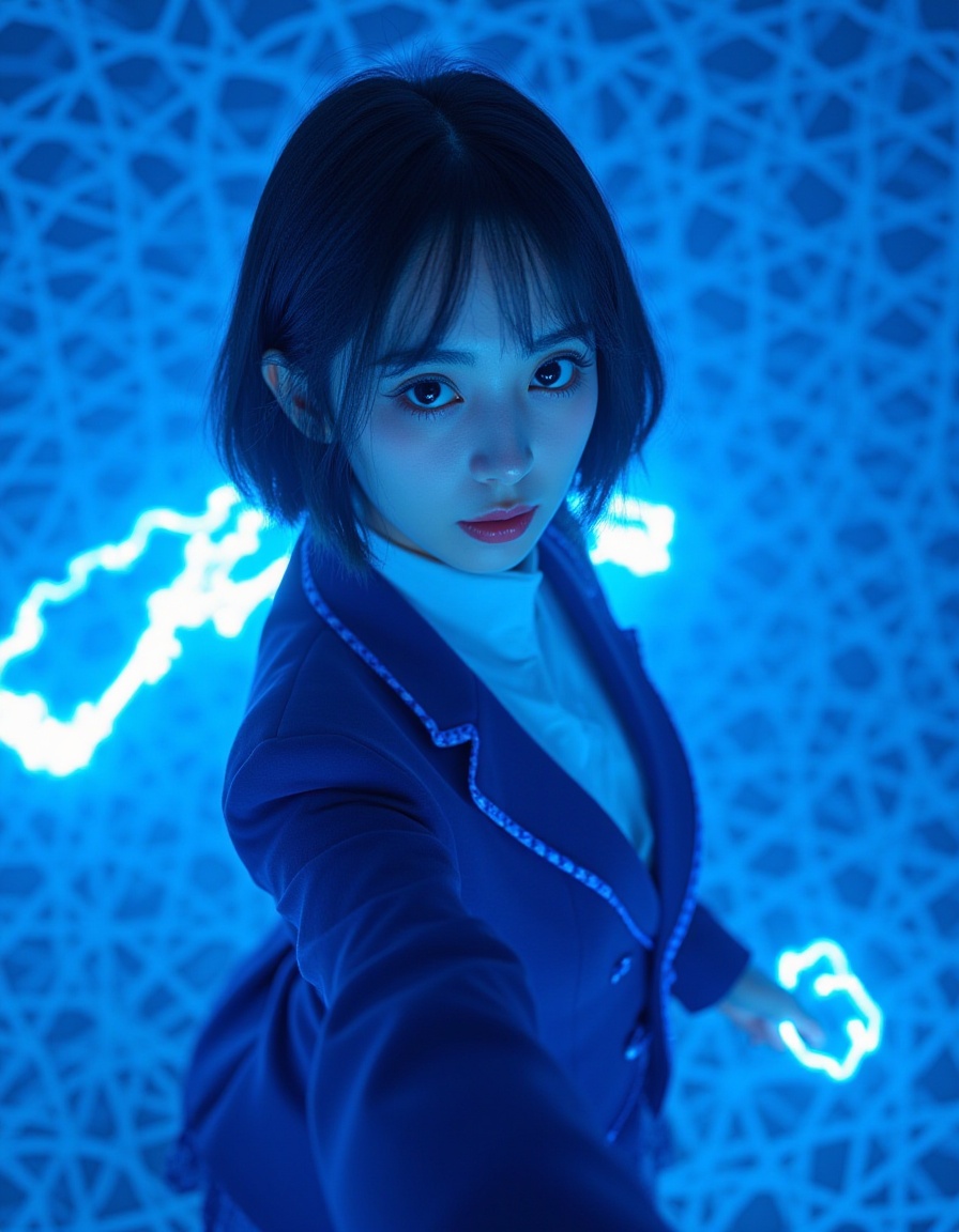 Masterpiece,Top quality,beautiful Korean woman,doll-like face,clean skin,neat deep cobalt blue short cut,bright determined grin,school blazer power suit,blazer seams glowing with blue light,plaid skirt with energy field shimmer,active pose,whipping a glowing energy chain upwards,dynamic arc of blue light in front of her face,intensely saturated monochromatic cobalt blue background,digital grid pattern,POV,high angle,face-focused close-up,looking up at viewer,