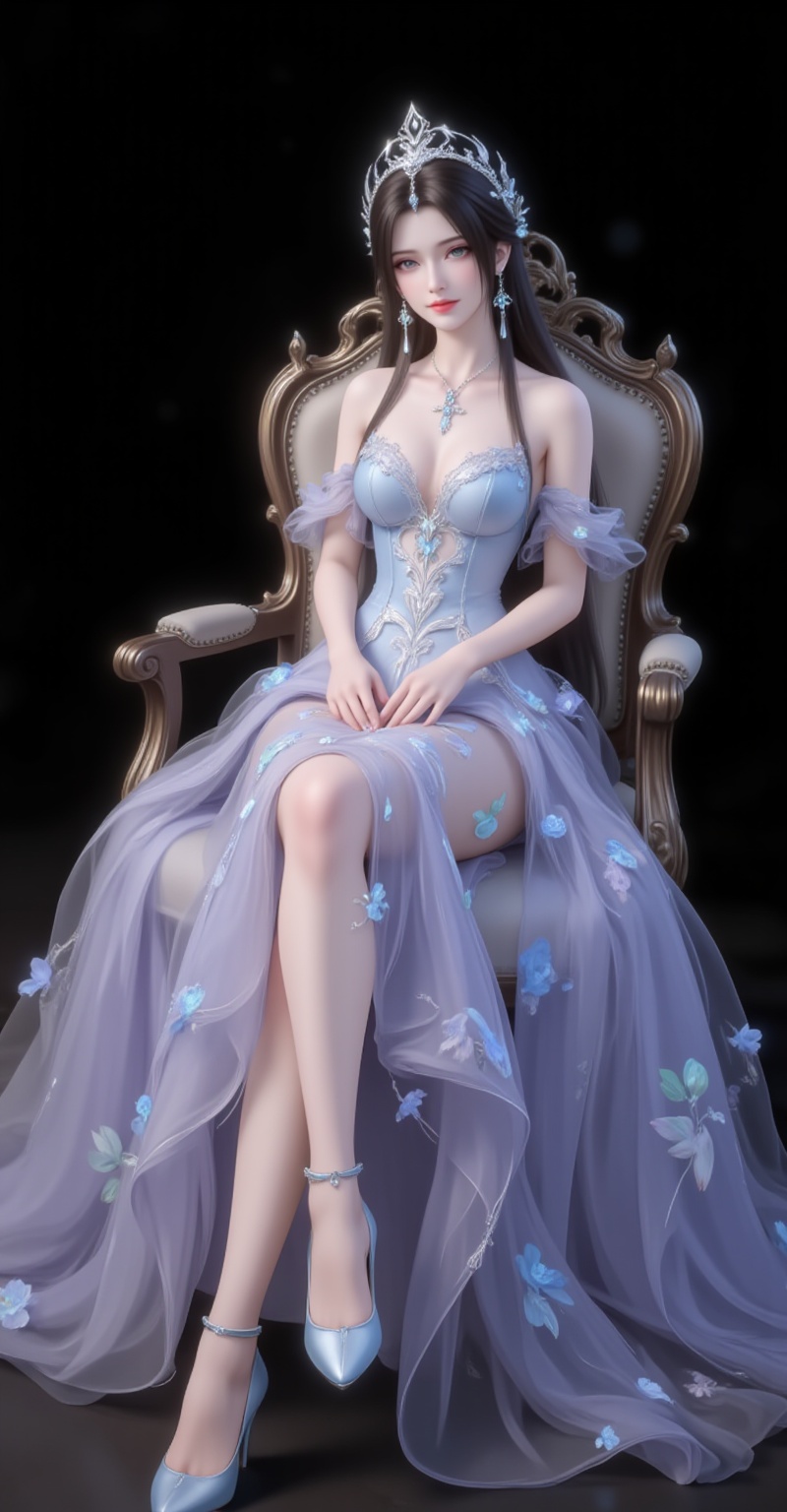 <lora:晚礼服1·人物百搭款6:1>,fuzhuang,1girl,dress,solo,bare shoulders,skirt hold,blue dress,black hair,long hair,breasts,strapless,strapless dress,flower,long dress,full body,high_heels,sitting,chair,legs,crossed_legs,black_background,simple background,cover,gradient background,close-up details,outstanding style,adding a touch of dimension to your images without compromising details,close-up,<lora:DJ滤镜_2.5D版:0.3>,lvjing,<lora:油画唯美滤镜15:0.2>,baoshi,<lora:清漪·衣服百搭款·6:1.1>,qingyi,black hair,long hair,jewelry,earrings,hair_ornament,grey eyes,crown,(large breasts:1.2),