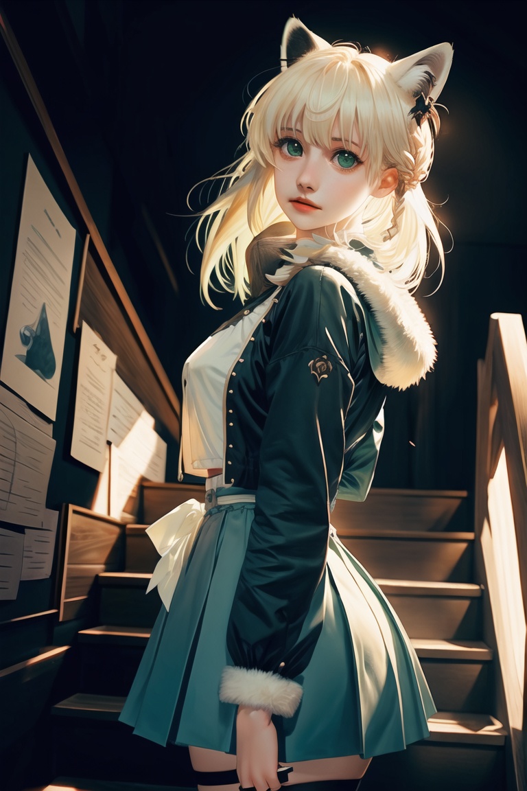 (masterpiece),best quality,from_side,Dark environment,Stand on one foot,Stand against the wall,One knee up,Lift one foot,Put foot against the opposite wall,1girl,shirakami fubuki,virtual youtuber,animal ears,fox ears,fox girl,white hair,fox tail,jacket,thigh strap,long hair,ahoge,bangs,braid,fur trim,green eyes,hair between eyes,stairs,sidelocks,looking at viewer,by ajimita,