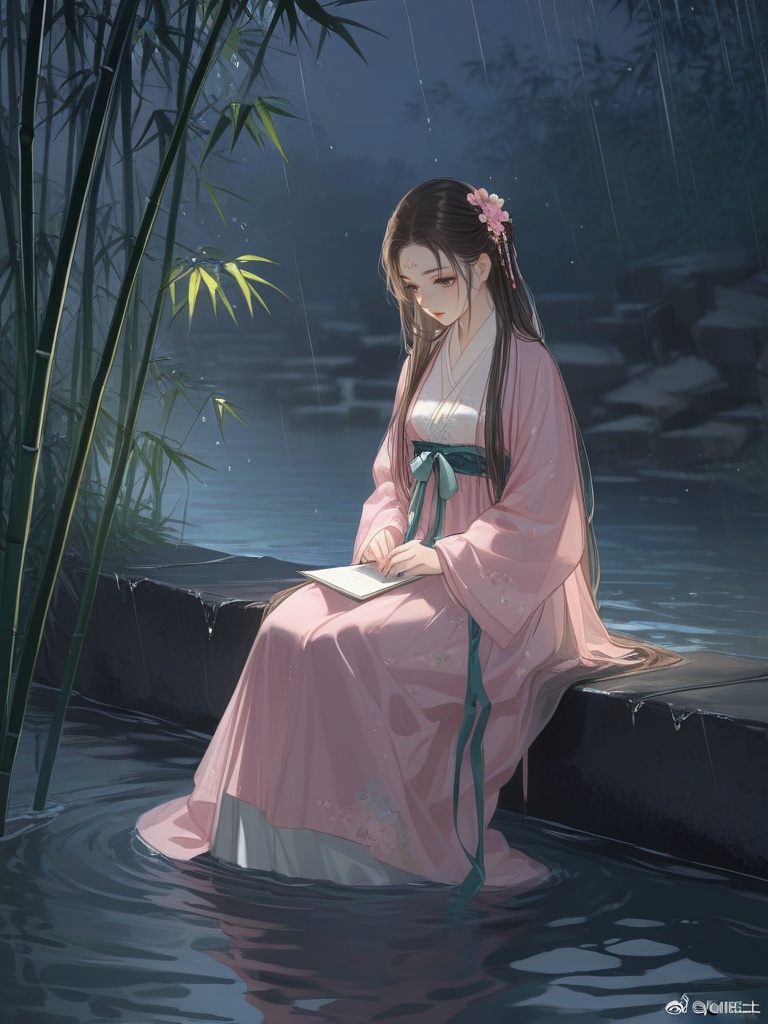(best quality), ((masterpiece)), (highres), illustration, original, extremely detailed,<lora:古风·丝路恋语:0.7>licg,1girl, flower, long hair, solo, hair ornament, forehead mark, water, chinese clothes, bamboo, rain, facial mark, sitting, long sleeves, black hair, night, looking down, dress, watermark, brown hair, hair flower, hanfu, ripples, pink dress