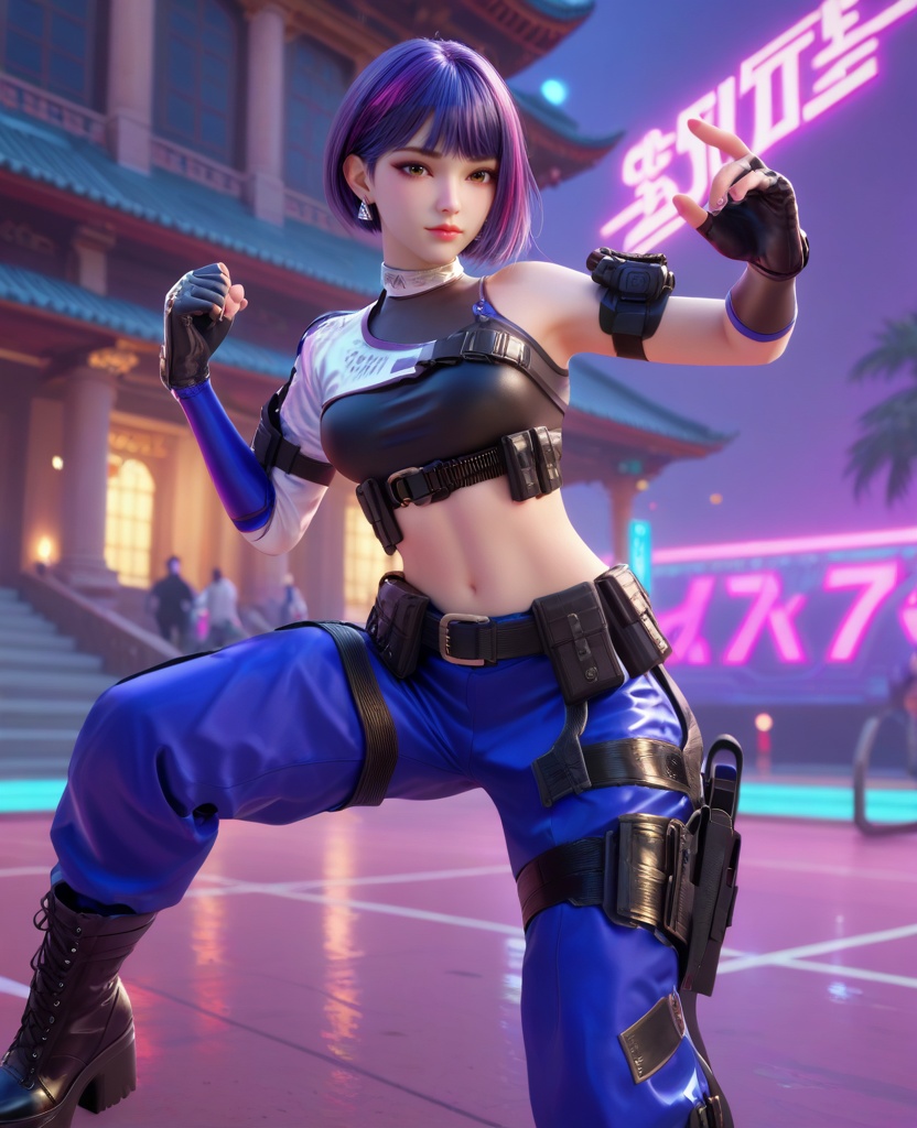 (oriental architecture, elegant decor, sophisticated style:1.1),(kicking a soccer:1.1),(breasts:1.2),<lora:XL16穿越火线雨墨保卫者:0.95>,miss yumo,black crop top,white one-shoulder combat sleeve,brown eyes,synthwave streaked hair,bob cut,purple hair,asymmetrical sleeves,black fingerless gloves,midriff,blue pants,belt,holstered,earrings,jewelry,black combat boots,, score_9,score_8_up,score_7_up,score_6_up,score_5_up,score_4_up,3d rendering,tag1,tag2, Cinematic Lighting,backlighting,, zPDXL3, zPDXL2,zPDXL, zPDXLxxx, zPDXLrl,