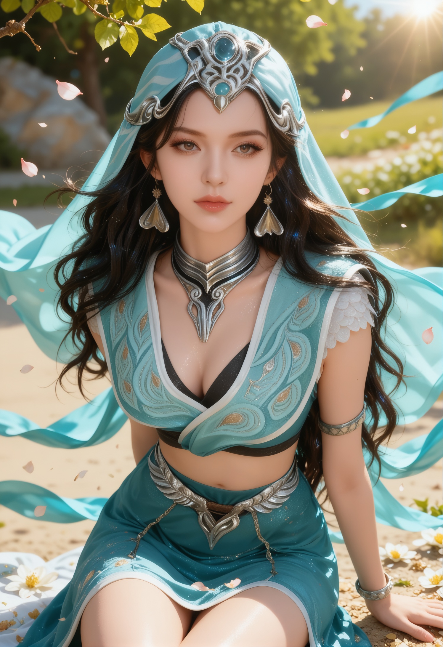 score_9,score_8_up,score_7_up,1girl,solo,(crossed_legs:1.2),sitting,(advertising cover:1.2),(magazine cover theme:0.95),(arms_behind_back:1.3),1girl,solo,realistic,dress,midriff,navel,crop top,shawl,blue dress,qq2551213441,blue headwear,realistic,jewelry,metal collar,collar,earrings,armlet,bracelet,1girl,solo,realistic,(mature face:1.2),big_eyes,slender face,shiny_skin,long hair,black hair,eyelashes,closed mouth,realistic,(available light:1.3),(bright sunlight:1.2),grey_background,(white_background:0.9),falling petals,(depth of field:1.2),depth_of_field,(looking at viewer:1.1),<lora:小巳-乐上师pony:0.8>,