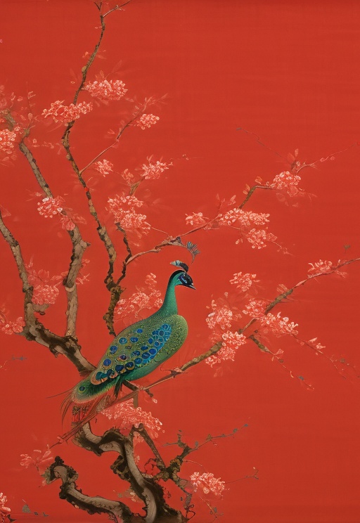 peacock, Chinese painting, no humans, red background, branch, animal focus, flower, animal , <lora:Chinese painting_V10:1>, 
