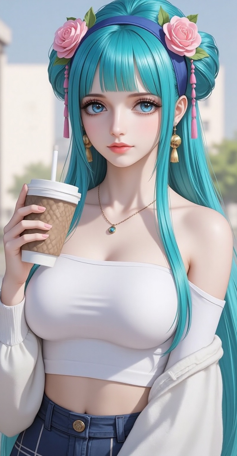 lvjing,baoshi,lvjing,rihe,hair ornament,hair flower,flower,long hair,aqua hair,blue eyes,aqua eyes,blunt bangs,pink flower,1girl,skirt,plaid skirt,realistic,solo,plaid,cup,blurry background,blurry,looking at viewer,holding,disposable cup,holding cup,hairband,sweater,necklace,crop top,blue hairband,midriff,shirt,jewelry,white sweater,off shoulder,white shirt,4,cover,simple background,gradient background,close-up details,outstanding style,adding a touch of dimension to your images without compromising details,close-up,