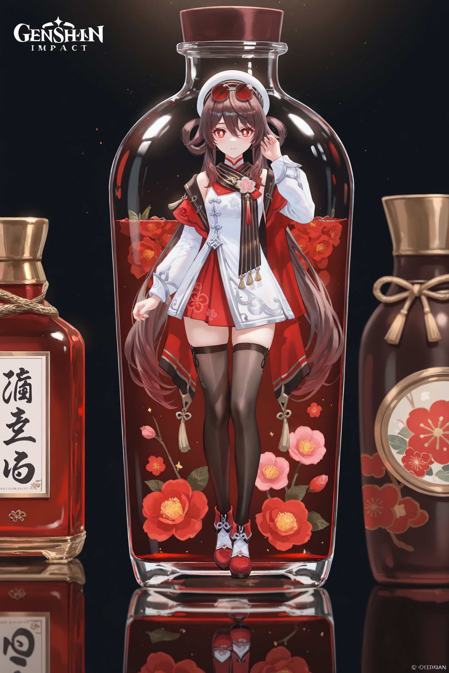 masterpiece,best quality,good quality,((artist:reoen),(artist:fuzichoco),(artist:atdan),(artist:torino_aqua),year 2024:0.8)1girl,[artist:wlop],jijia,2d,anime,1girl,solo,looking at viewer,in container,see-through,standing,hand up,character name,black background,reflection,copyright name,gradient,a glass bottle with a picture of a woman on it,a picture of a girl inside a clear container with a bunch of stuff in it,interval glass,inside the container,glass separation,in beverage bottle,<lora:huxiang-noob-Tanger-000014:0.8>,hu tao \(cherries snow-laden\) \(genshin impact\),clothes:cherries snow-laden,flower-shaped pupils,1girl,white hat,long hair,symbol-shaped pupils,scarf,hair rings,black thighhighs,red eyes,sunglasses,brown hair,long sleeves,zettai ryouiki,hair between eyes,