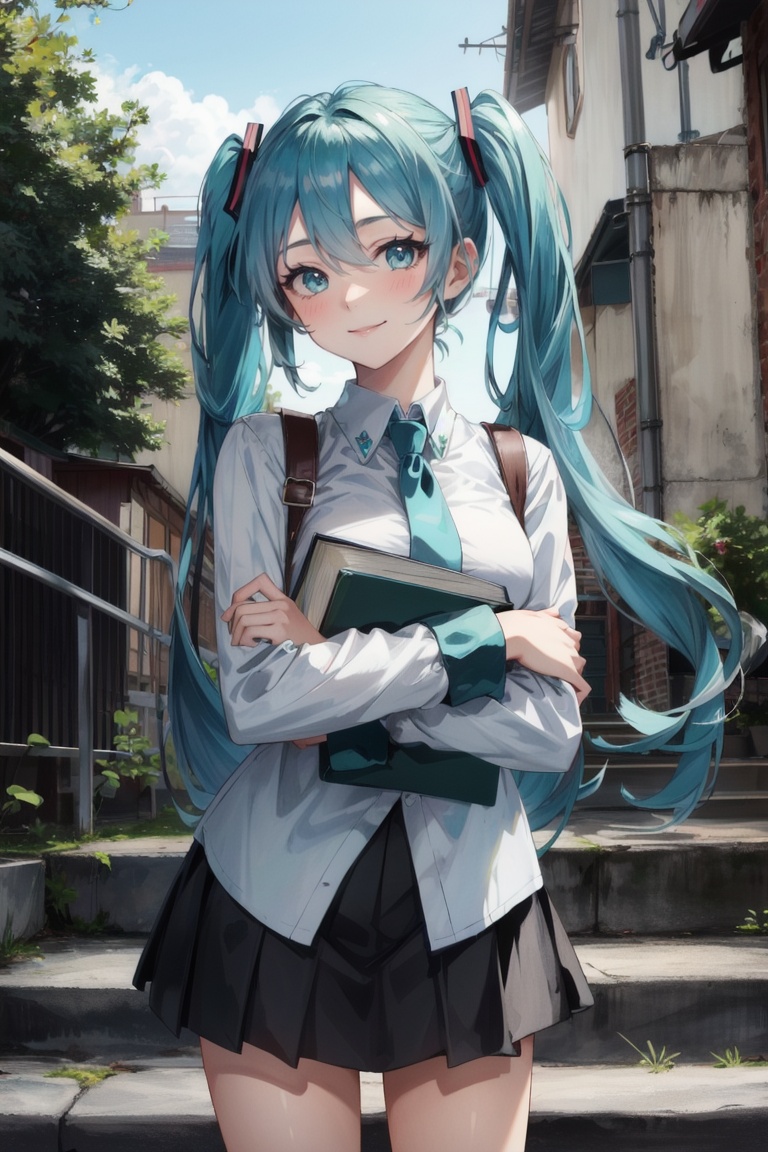 1girl, hatsune miku, solo, long hair, twintails, window, holding, shirt, very long hair, plant, holding book, book, white shirt, skirt, outdoors, railing, stairs, looking at viewer, green eyes, smile, aqua hair, aqua eyes, long sleeves, bush, standing, crossed arms, blue skirt, green hair, hair between eyes, building