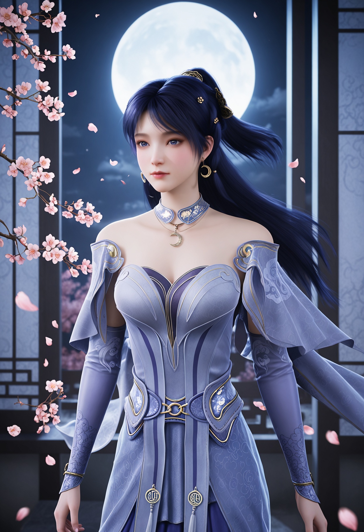 (cowboy shot:1.2),(looking at viewer:1.1),masterpiece,(best quality),smog,Dark room,dim lighting,peach blossom,falling petals,<lora:YQ_Illustrious光辉v5_姬紫月2.0_V2:0.8>,q1528437228,1girl,solo,jewelry,long hair,earrings,hair ornament,dress,crescent,black hair,crescent earrings,purple dress,necklace,blue dress,detached collar,blue hair,blue eyes,purple hair,detached sleeves,choker,ponytail,boots,purple eyes,gloves,long sleeves,skirt,elbow gloves,collar,armor,blue footwear,