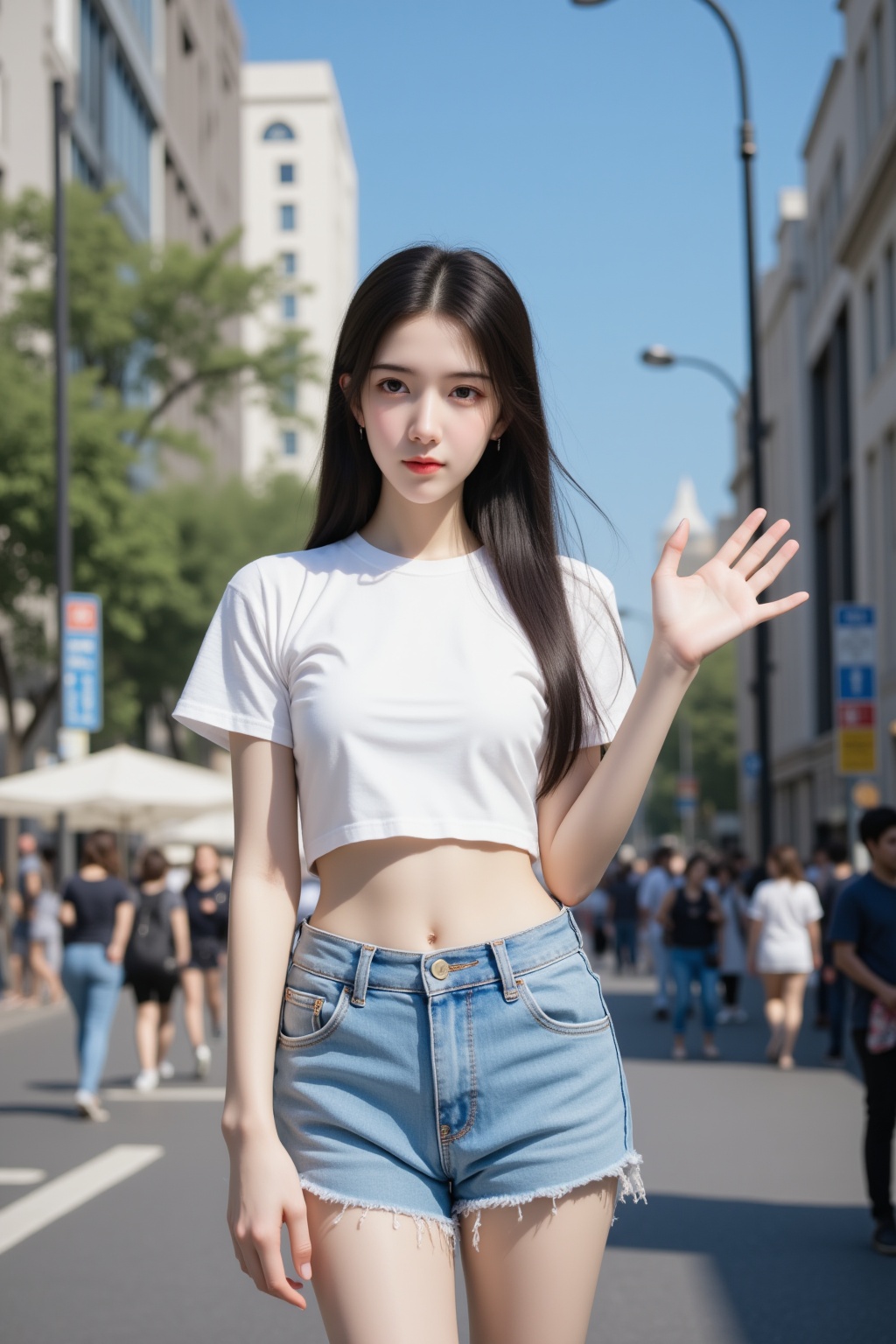 Fuji camera filter, Film photography, Color Flim, Fujifilm Fujicolor 400H, fine grain, flim photo, A photograph of an girl with long straight black hair and fair skin, a white crop top, and high-waisted blue denim shorts. She waves with her right hand, standing in a bustling urban area with people in the background. She has a slender build and a neutral expression. The background includes buildings, street signs, and trees, with a clear blue sky.