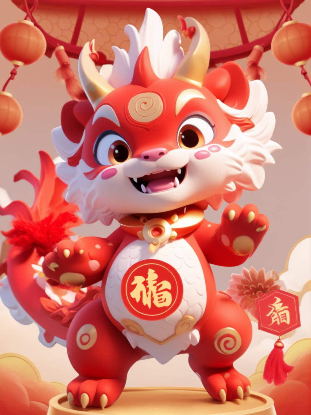 a vibrant and animated character that appears to be a fusion of a lion and a dragon.Holding a pair of Chinese couplets in hand,The character is predominantly red with white and gold accents. It has large, expressive eyes with a mix of blue and green hues. The character is adorned with a traditional Chinese lion dance mask, which is white with red and gold details. The mask has two large, round eyes and a prominent, curved mouth. The character is also wearing a golden necklace with a circular pendant. It has a playful expression, with its mouth open, revealing its teeth, and its tail is curled up, resembling a lion's tail. The character is set against a gradient background that transitions from a light pinkish hue at the top to a deeper pinkish-red at the bottom<lora:LONG IP:1>
