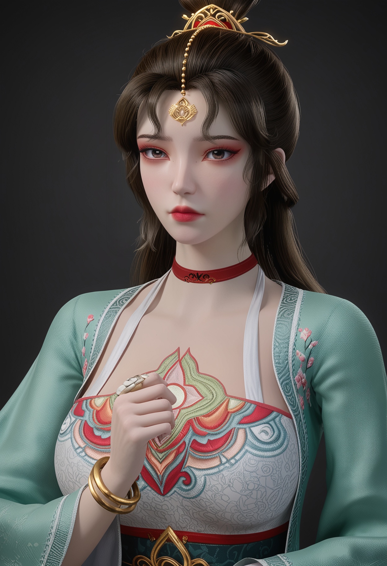 (gigantic breasts:0.6),(upper_body:1.2),(looking at viewer:1.1),facing viewer,direct gaze,<lora:YQ_pony_yunmo_V4:0.8>,q1528437228,1girl,solo,black hair,long hair,choker,red choker,hair ornament,dress,chinese clothes,long sleeves,jewelry,forehead mark,bracelet,wide sleeves,hair bun,brown hair,mole under eye,brown eyes,eyeshadow,red footwear,BREAK simple background,pure black background,black background,perfect anatomy,