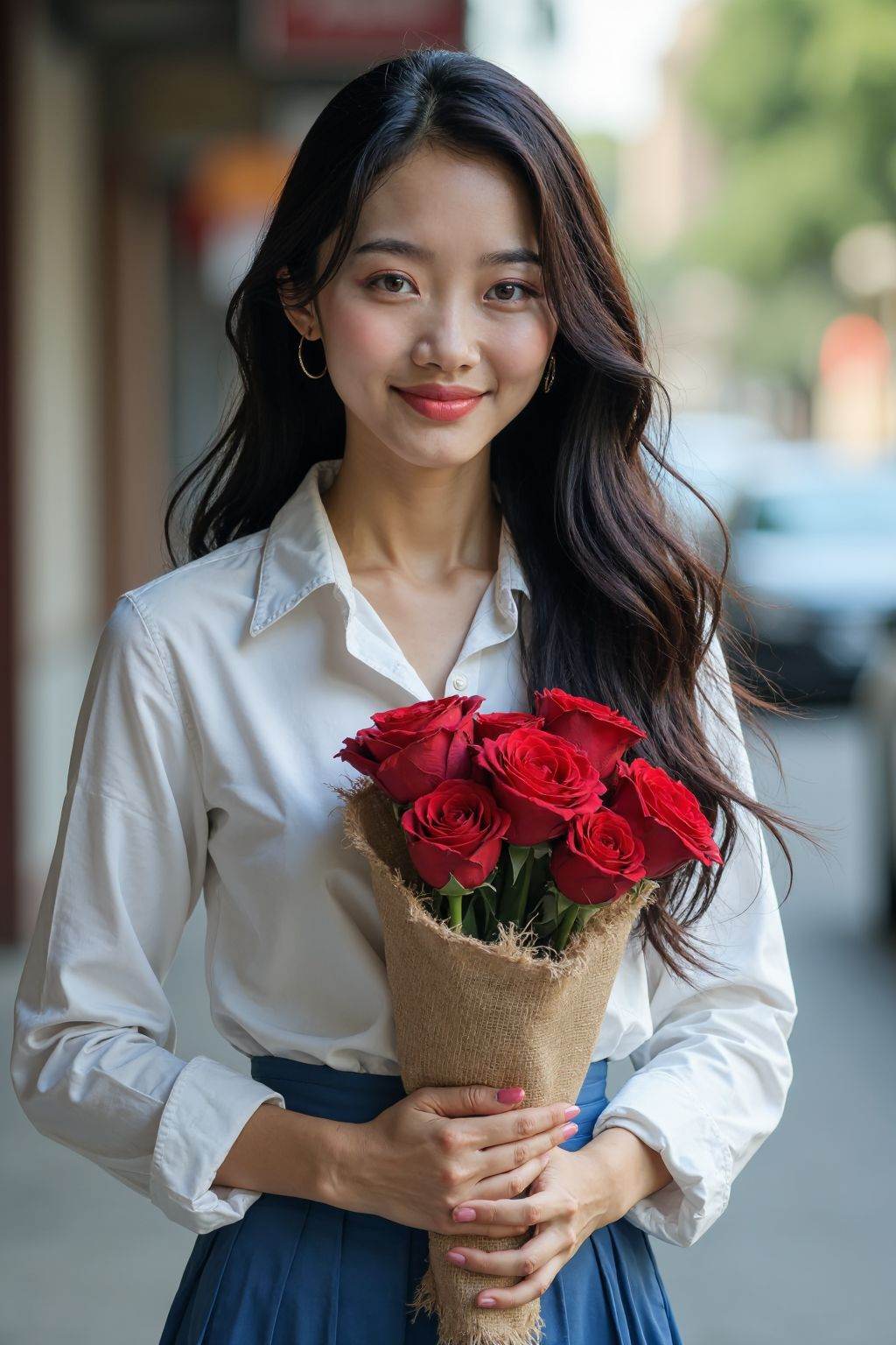 HDR photo of cinematic film still,  A photograph of a young Asian woman with fair skin and long,  wavy black hair. She is...